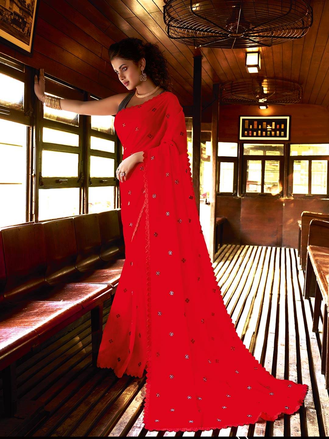 Aarrah Chiffon Embroidered Saree With Unstitched Blouse Piece ( Red ) Aarrah Chiffon Embroidered Saree With Unstitched Blouse Piece ( Red )