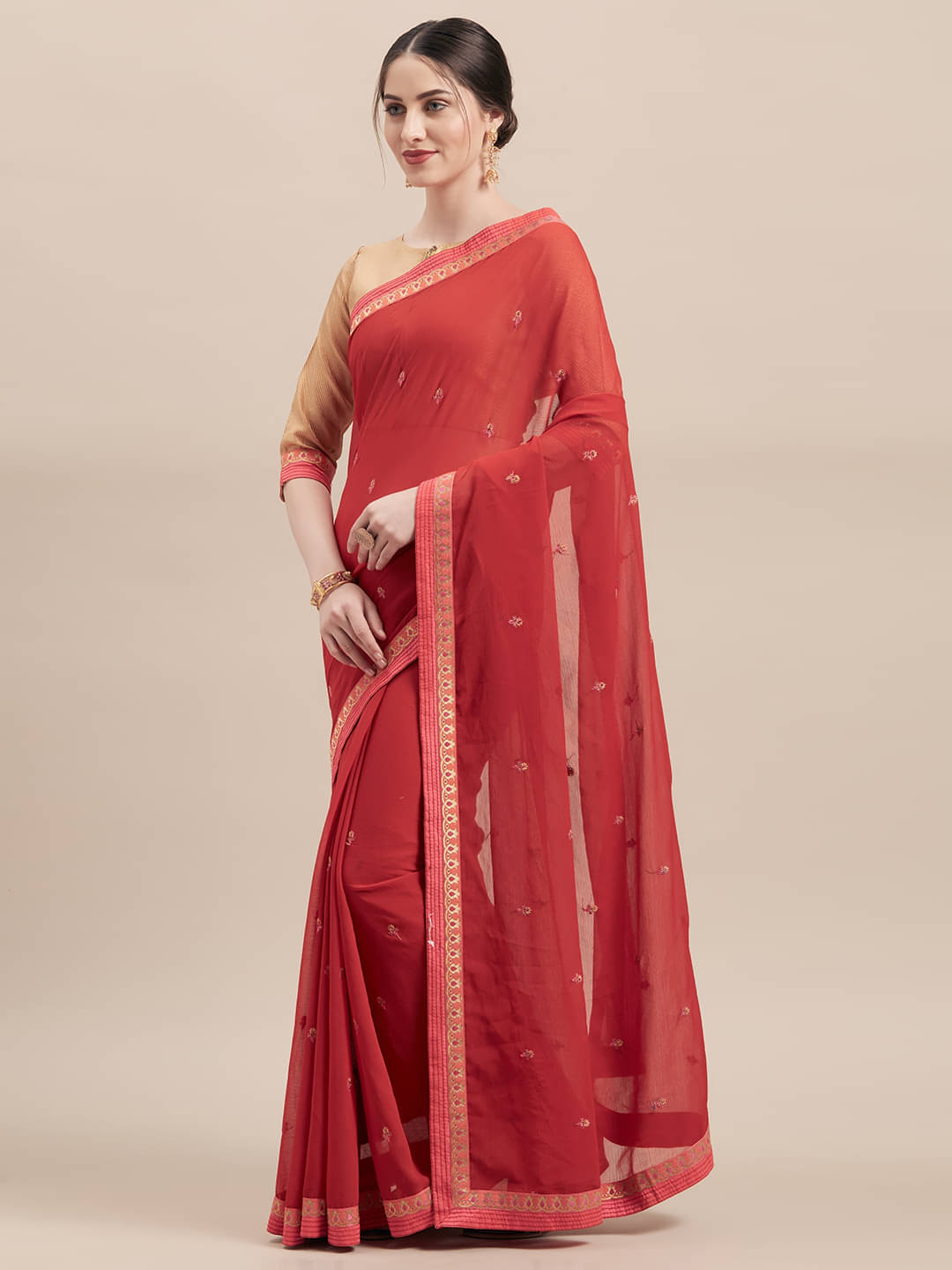     			Aarrah Chiffon Printed Saree With Unstitched Blouse Piece ( Red )