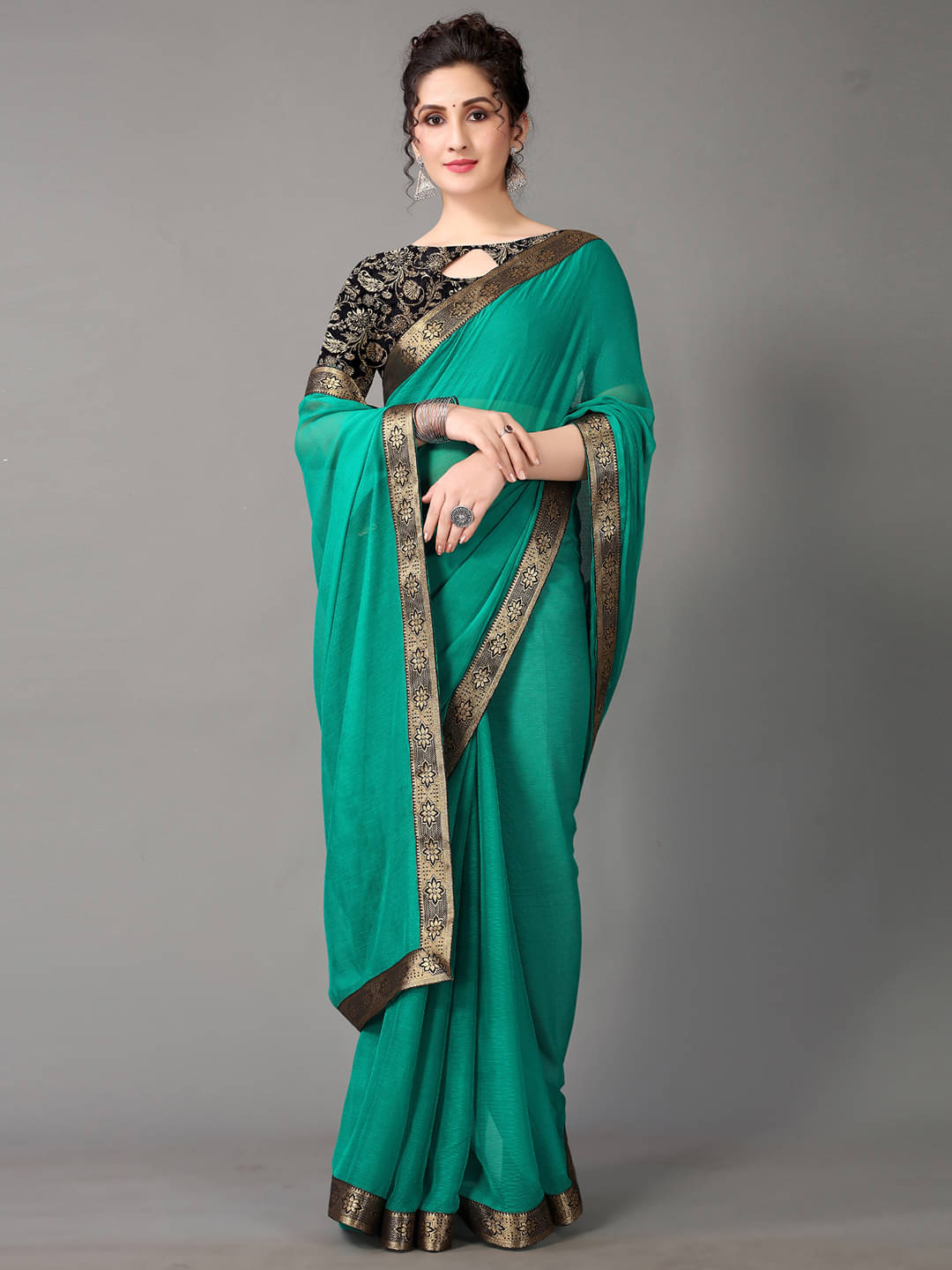 Aarrah Chiffon Solid Saree With Unstitched Blouse Piece ( Rama ) Aarrah Chiffon Solid Saree With Unstitched Blouse Piece ( Rama )