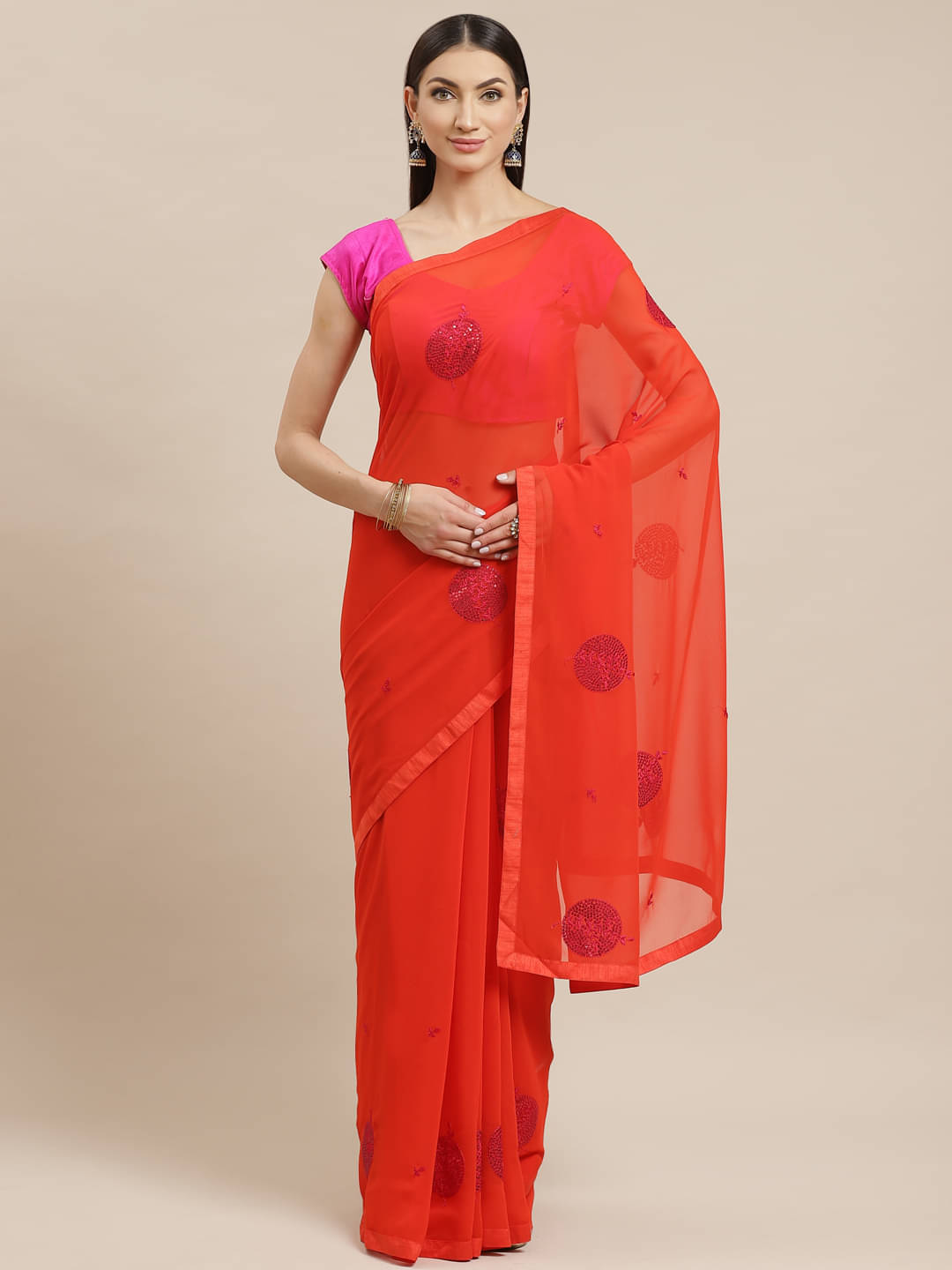 Aarrah Georgette Embroidered Saree With Unstitched Blouse Piece ( Red ) Aarrah Georgette Embroidered Saree With Unstitched Blouse Piece ( Red )