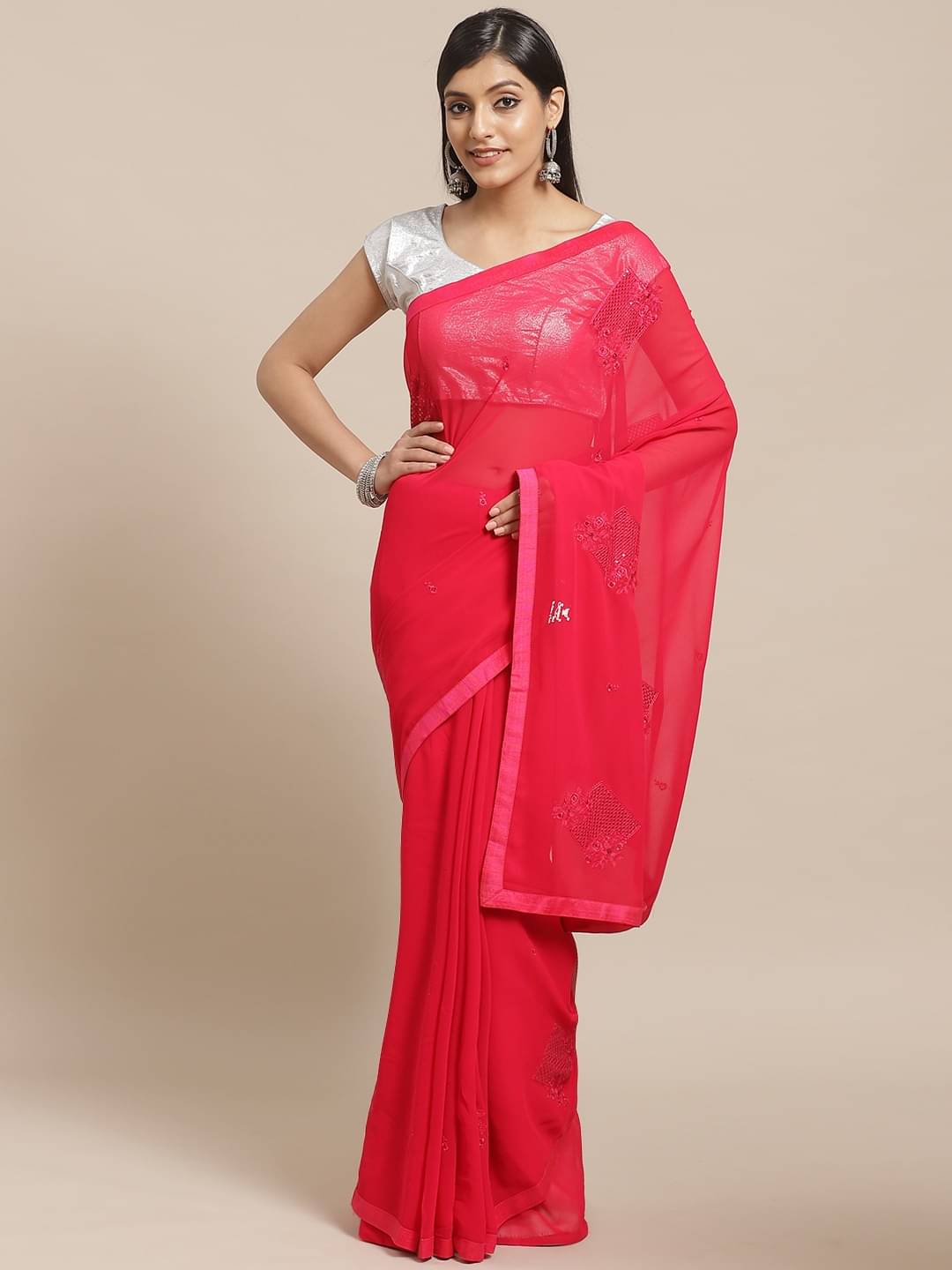 Aarrah Georgette Embroidered Saree With Unstitched Blouse Piece ( Pink ) Aarrah Georgette Embroidered Saree With Unstitched Blouse Piece ( Pink )