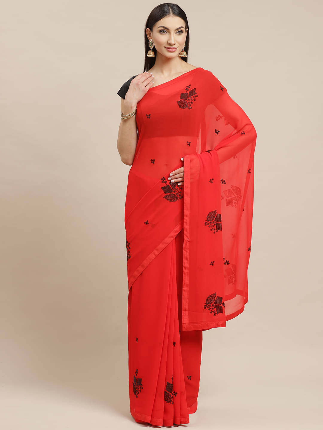 Aarrah Georgette Embroidered Saree With Unstitched Blouse Piece ( Red ) Aarrah Georgette Embroidered Saree With Unstitched Blouse Piece ( Red )