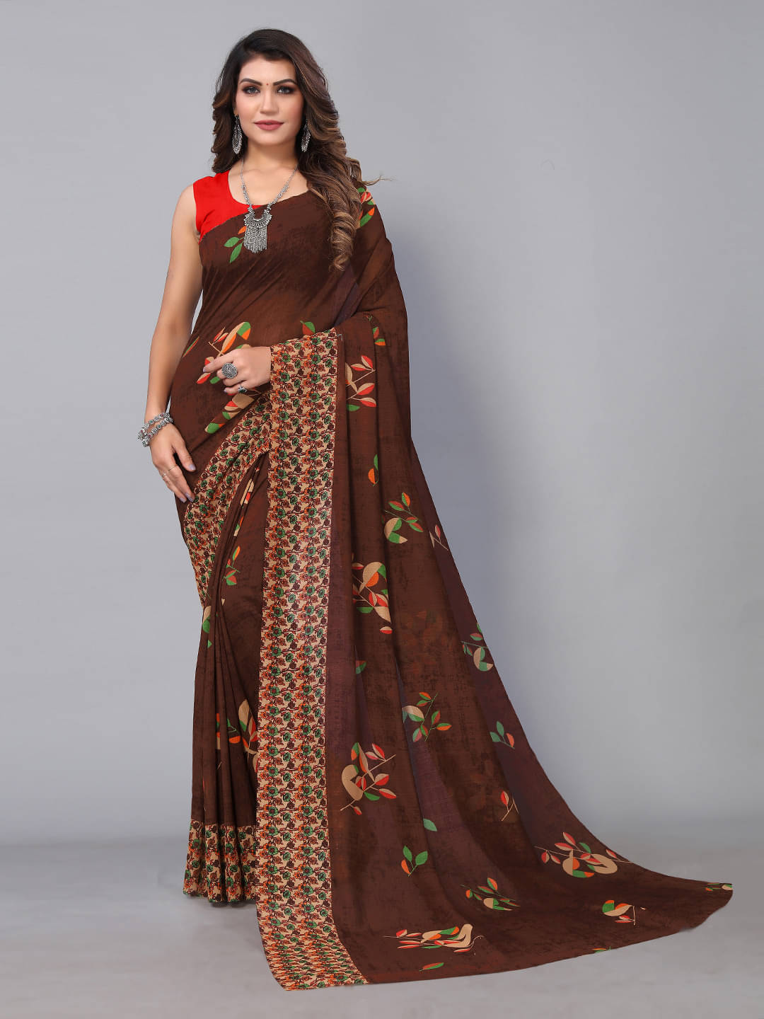 Aarrah Georgette Printed Saree With Unstitched Blouse Piece ( Brown ) Aarrah Georgette Printed Saree With Unstitched Blouse Piece ( Brown )