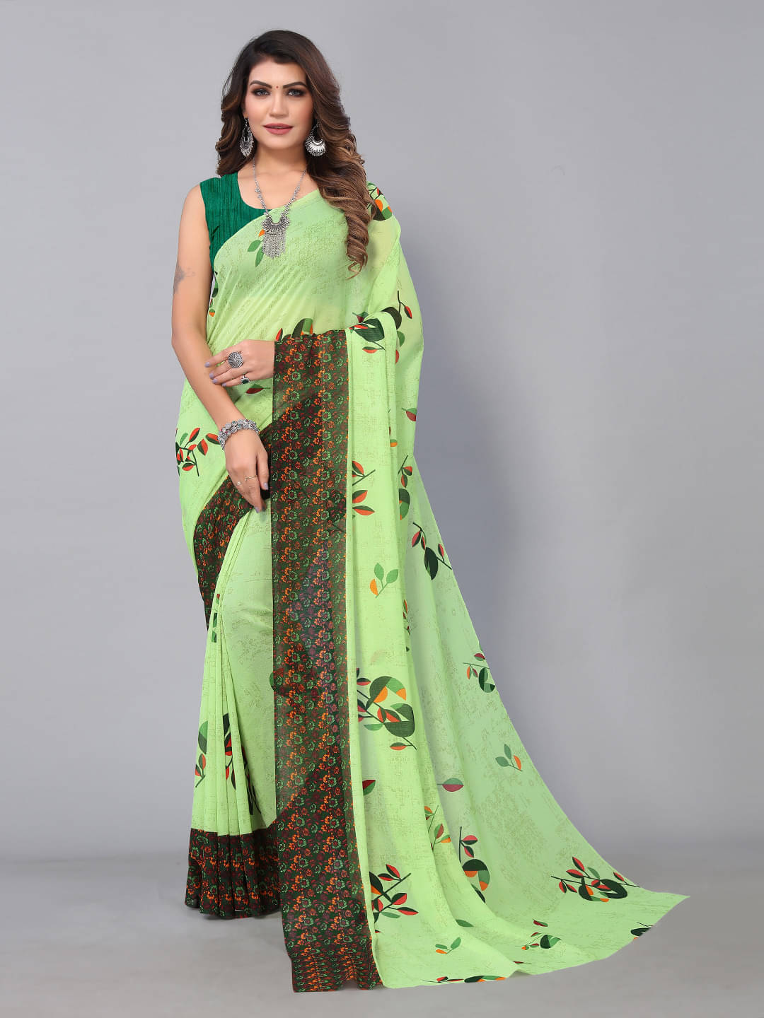     			Aarrah Georgette Printed Saree With Unstitched Blouse Piece ( Green )