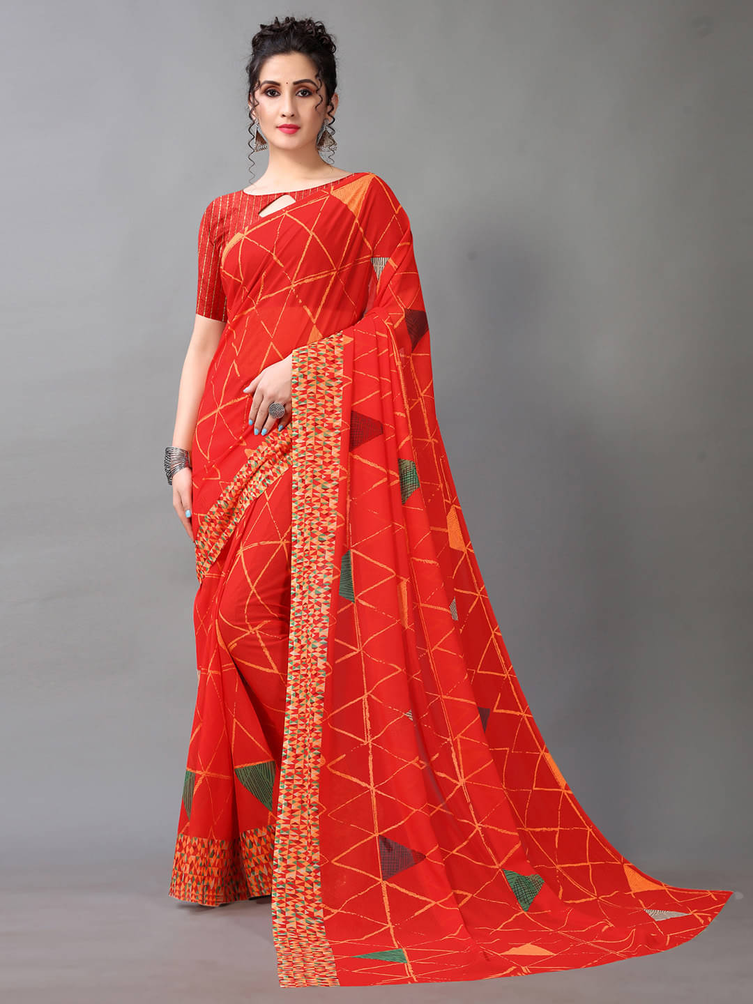 Aarrah Georgette Printed Saree With Unstitched Blouse Piece ( Red ) Aarrah Georgette Printed Saree With Unstitched Blouse Piece ( Red )