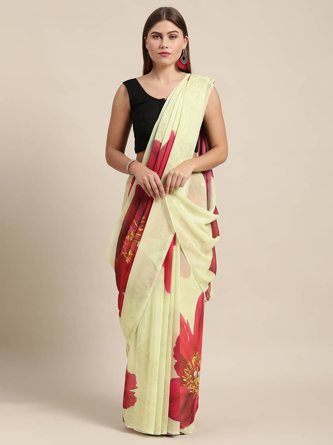    			Aarrah Georgette Printed Saree With Unstitched Blouse Piece ( Yellow )