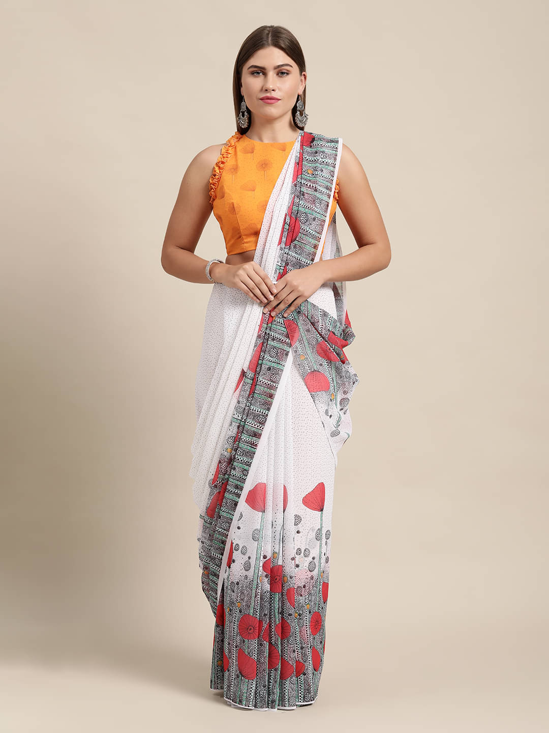     			Aarrah Georgette Printed Saree With Unstitched Blouse Piece ( White )