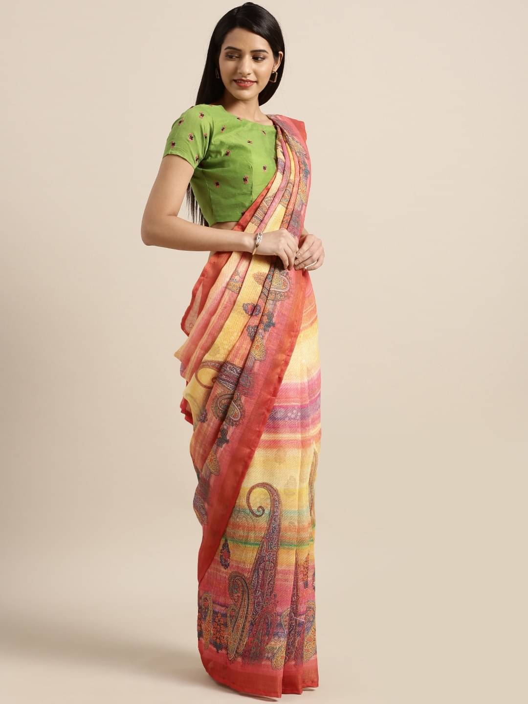 Aarrah Linen Printed Saree With Unstitched Blouse Piece ( Multicolor ) Aarrah Linen Printed Saree With Unstitched Blouse Piece ( Multicolor )