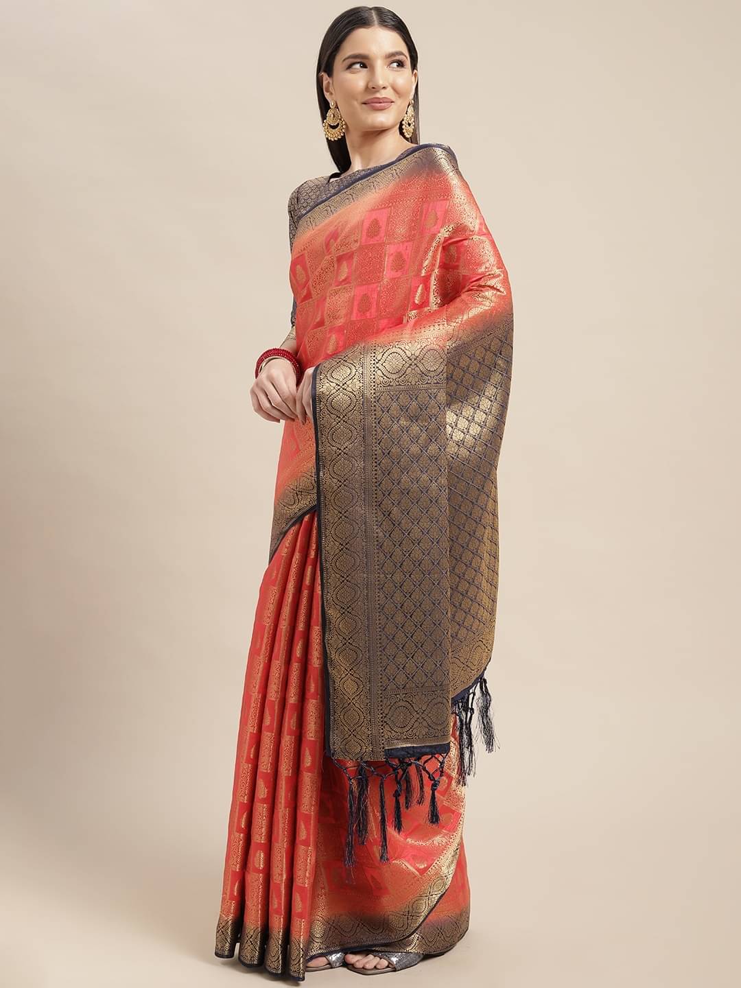     			Aarrah Silk Blend Printed Saree With Unstitched Blouse Piece ( Peach )