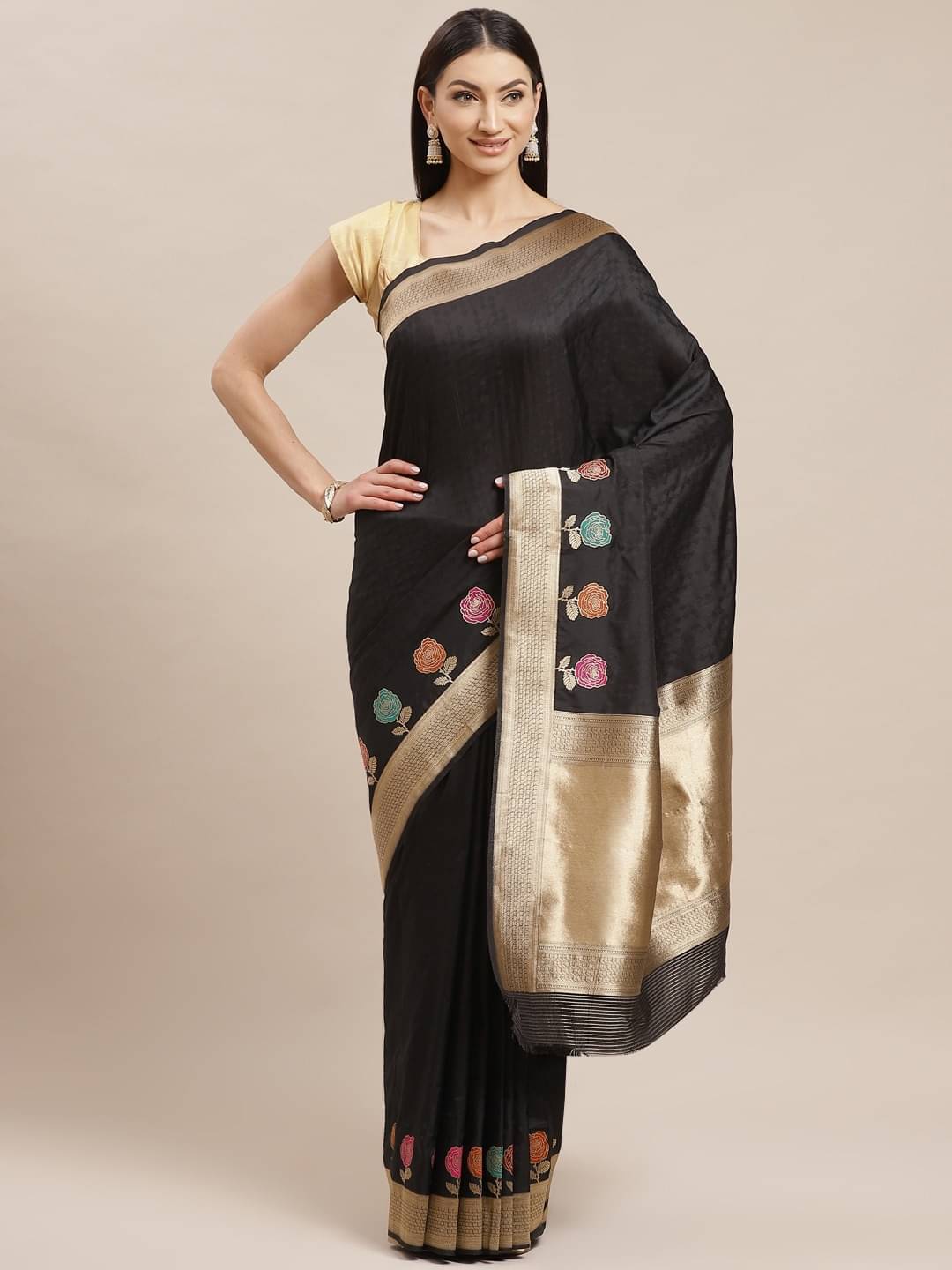     			Aarrah Silk Blend Printed Saree With Unstitched Blouse Piece ( Black )