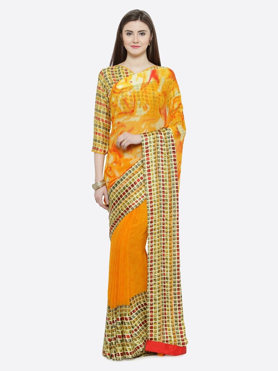     			Aarrah Silk Printed Saree With Unstitched Blouse Piece ( Yellow )