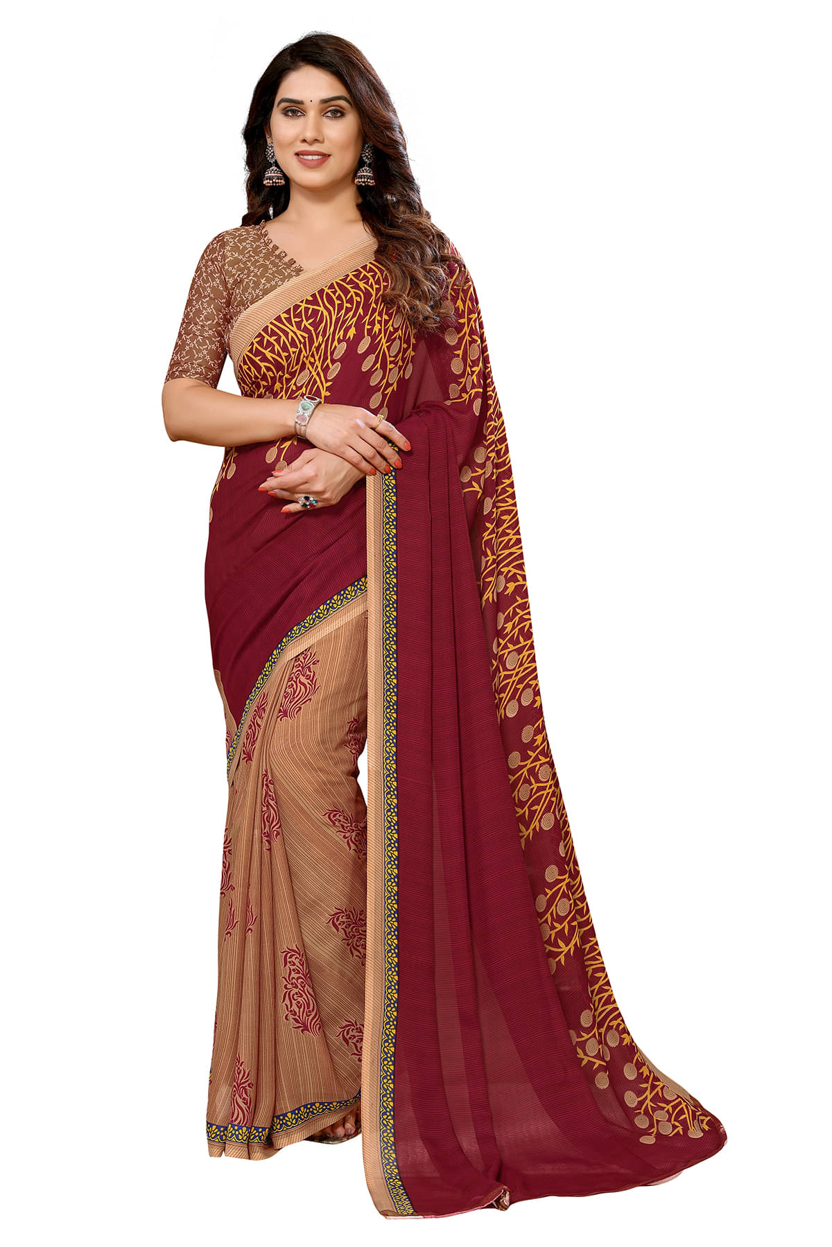 Anand Georgette Printed Saree With Unstitched Blouse Piece ( Maroon ) Anand Georgette Printed Saree With Unstitched Blouse Piece ( Maroon )