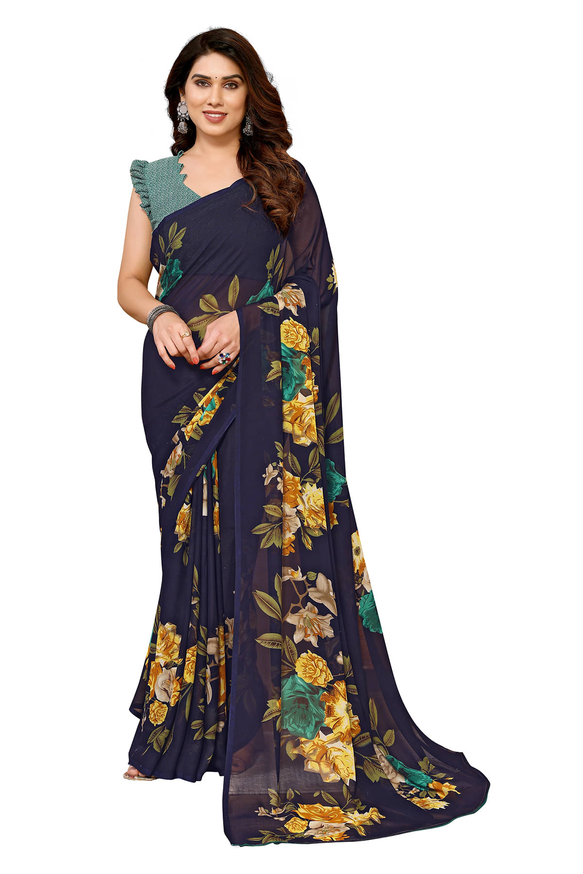 Anand Georgette Printed Saree With Unstitched Blouse Piece ( Navy Blue ) Anand Georgette Printed Saree With Unstitched Blouse Piece ( Navy Blue )
