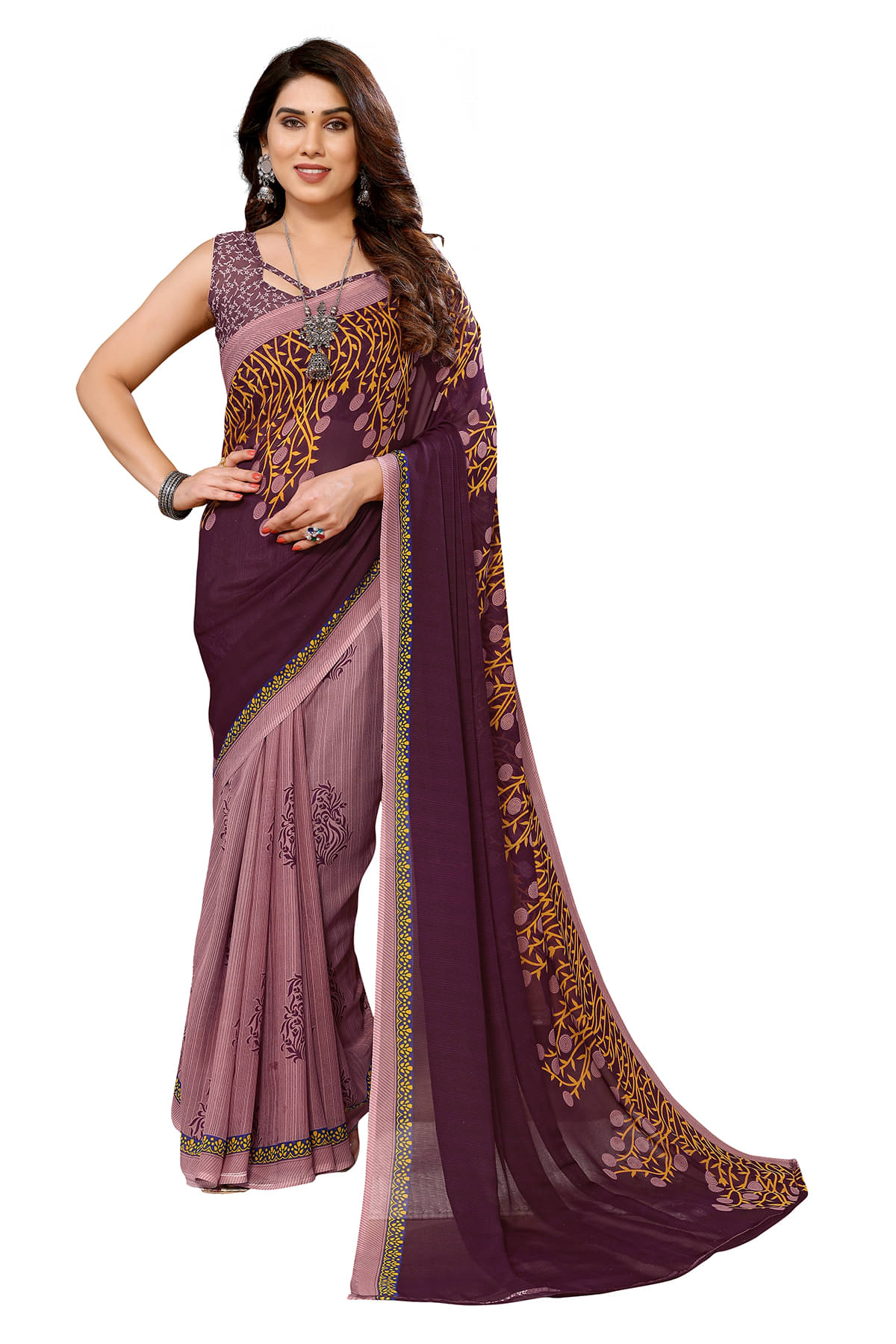     			Anand Georgette Printed Saree With Unstitched Blouse Piece ( Purple )