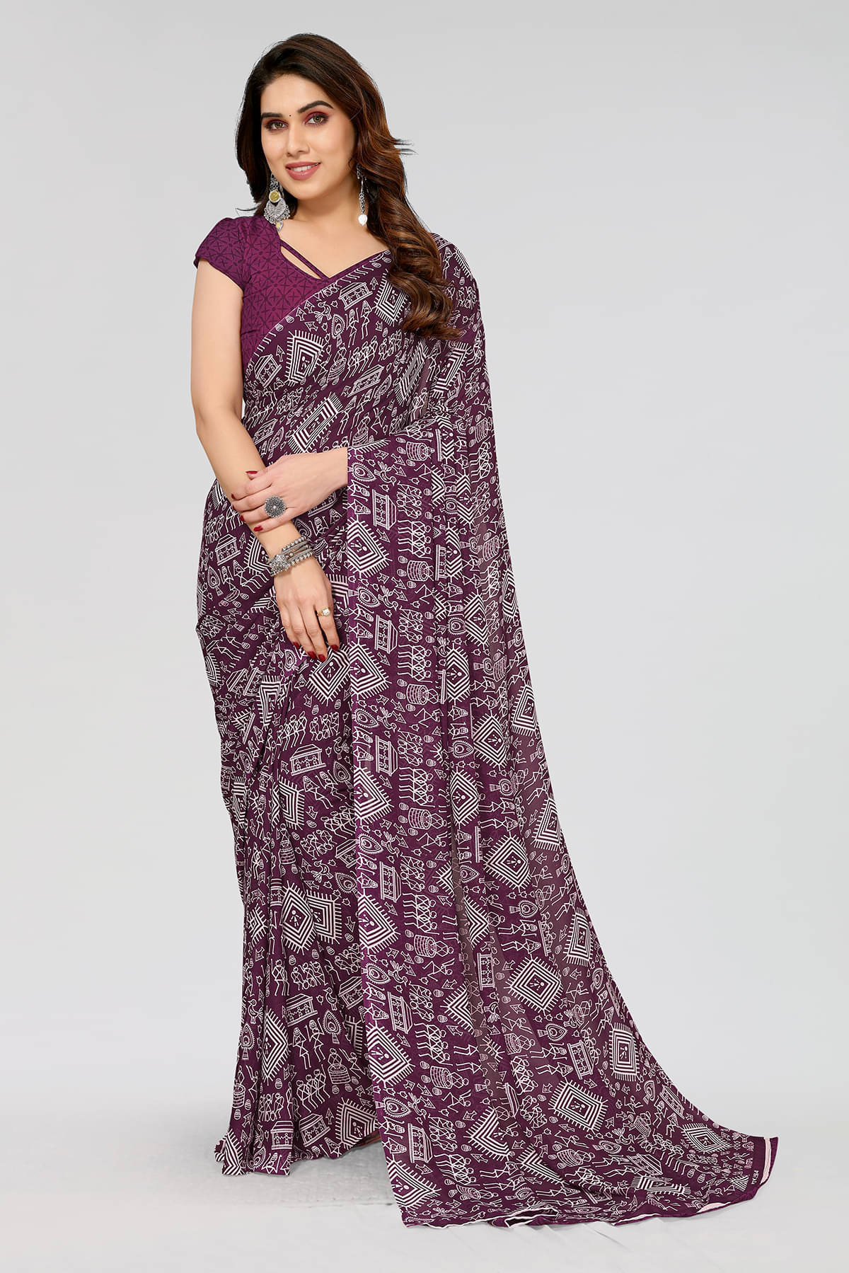 Anand Georgette Printed Saree With Unstitched Blouse Piece ( Purple ) Anand Georgette Printed Saree With Unstitched Blouse Piece ( Purple )