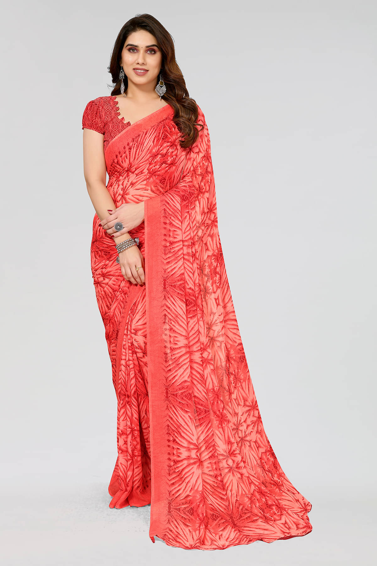 Anand Georgette Printed Saree With Unstitched Blouse Piece ( Red ) Anand Georgette Printed Saree With Unstitched Blouse Piece ( Red )
