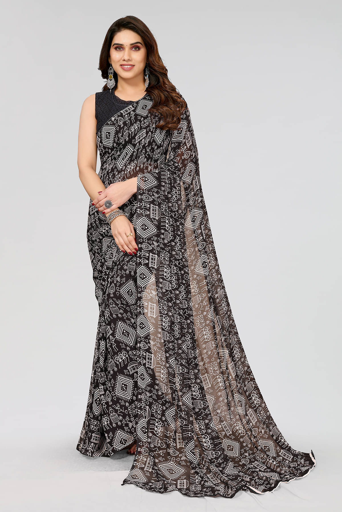     			Anand Georgette Printed Saree With Unstitched Blouse Piece ( Black )