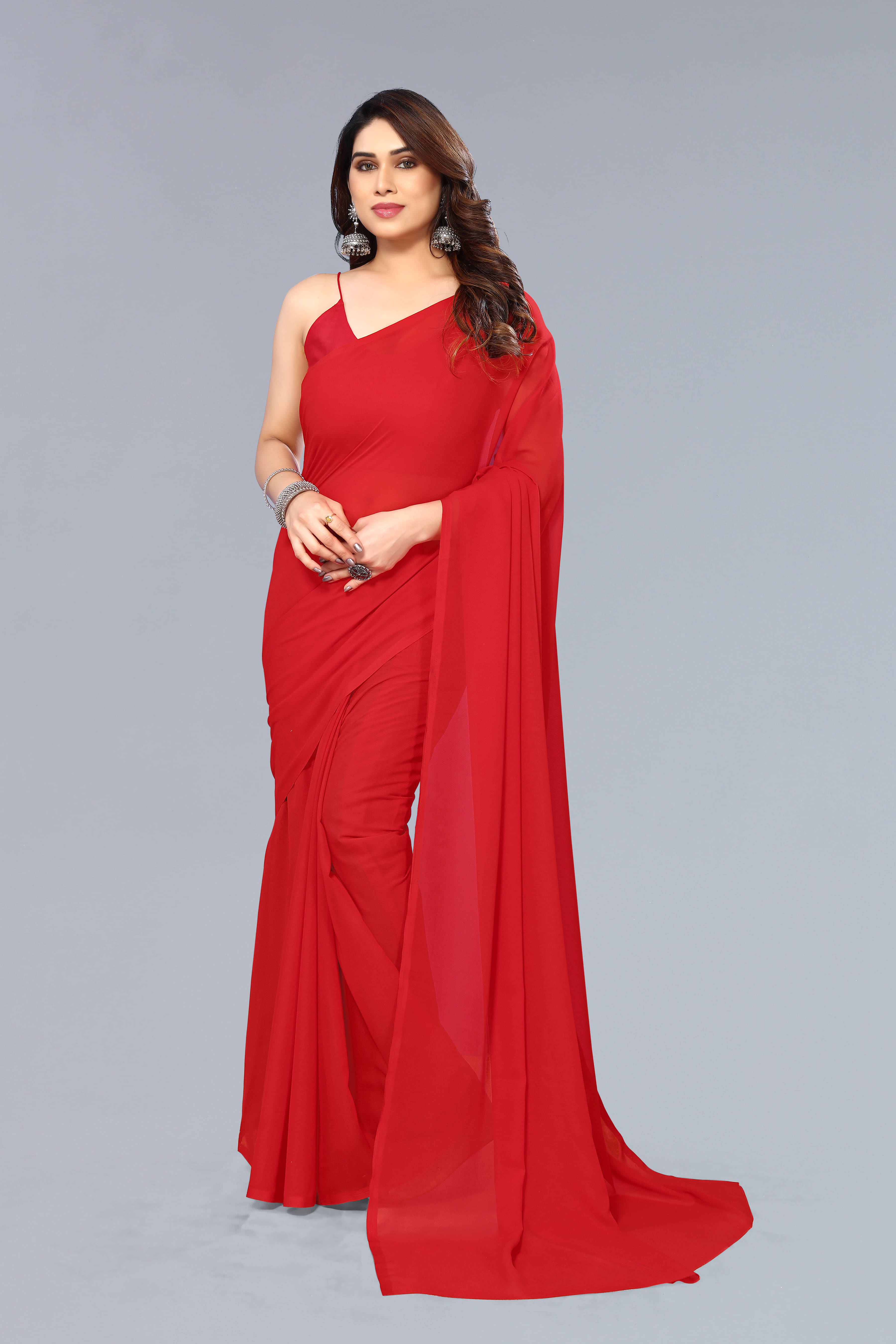 Kashvi Sarees Georgette Solid Saree With Unstitched Blouse Piece ( Red ) Kashvi Sarees Georgette Solid Saree With Unstitched Blouse Piece ( Red )