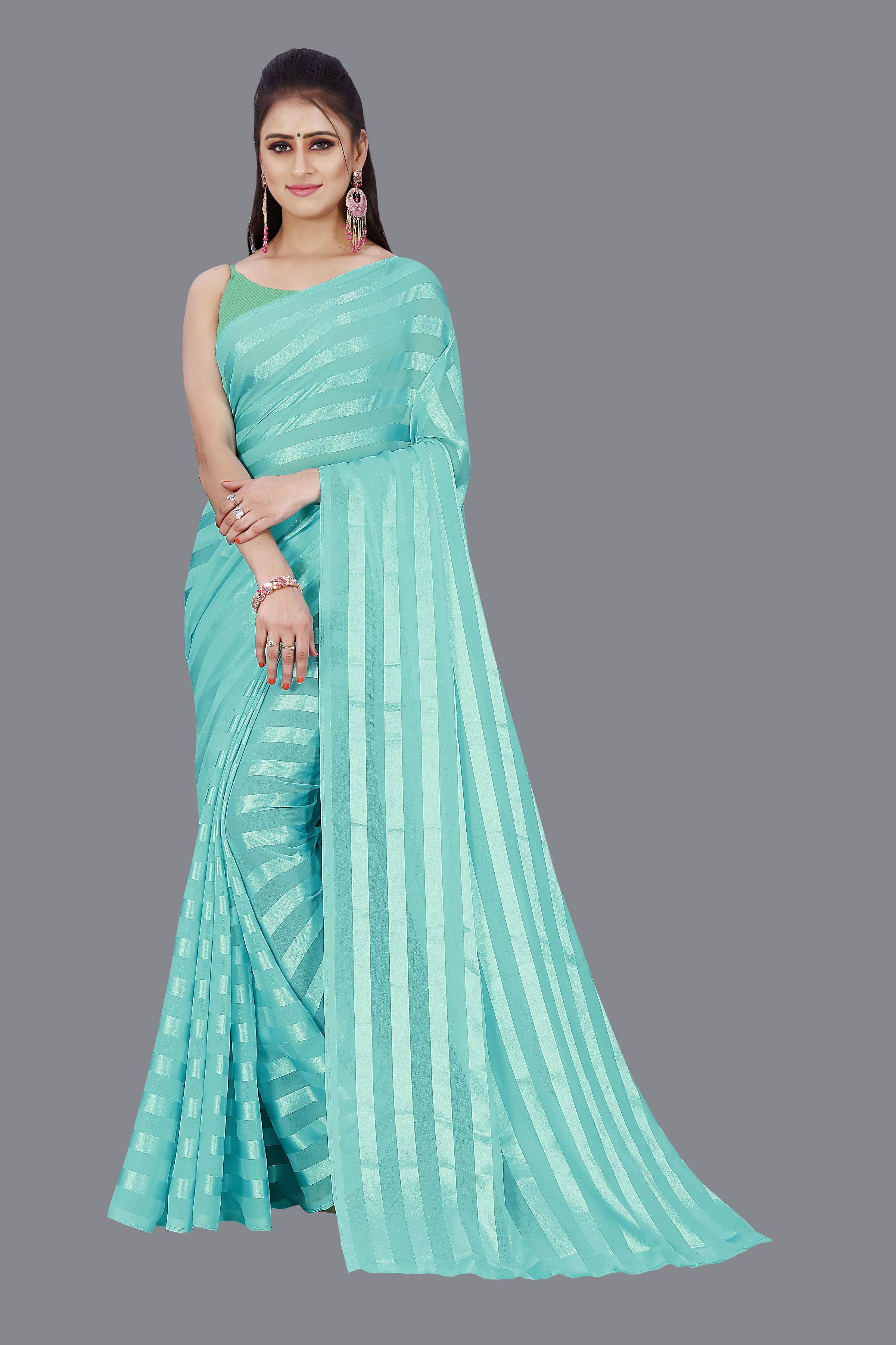     			Anand Satin Striped Saree With Unstitched Blouse Piece ( Light Blue )