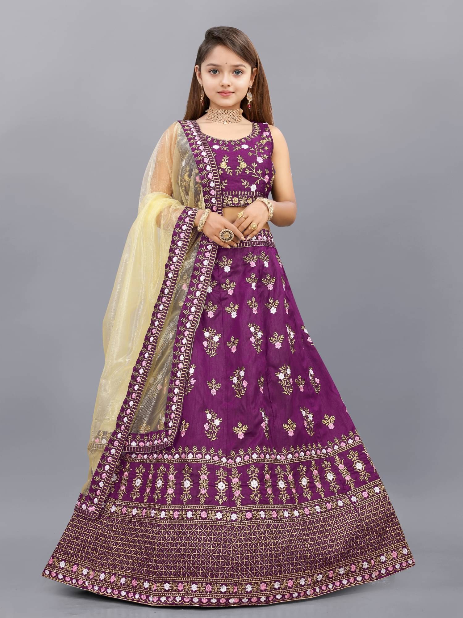     			Apnisha Silk Lehenga Choli Set For Girls ( Pack of 1 , Purple )