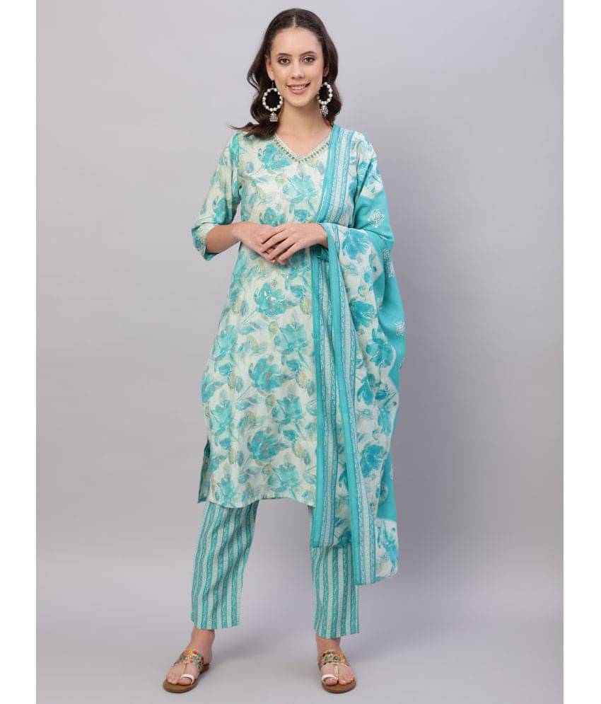     			Flamboyant Chanderi Printed Kurti With Pants Women's Stitched Salwar Suit - Light Blue ( Pack of 1 )