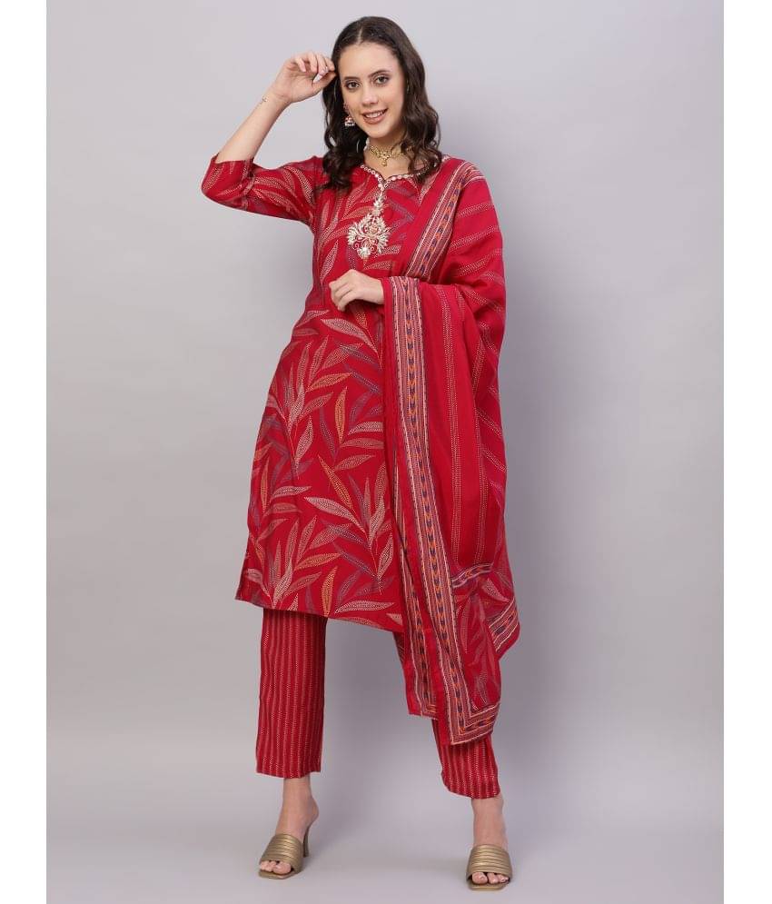 Flamboyant Chanderi Printed Kurti With Pants Women's Stitched Salwar Suit - Red ( Pack of 1 )     			Flamboyant Chanderi Printed Kurti With Pants Women's Stitched Salwar Suit - Red ( Pack of 1 )