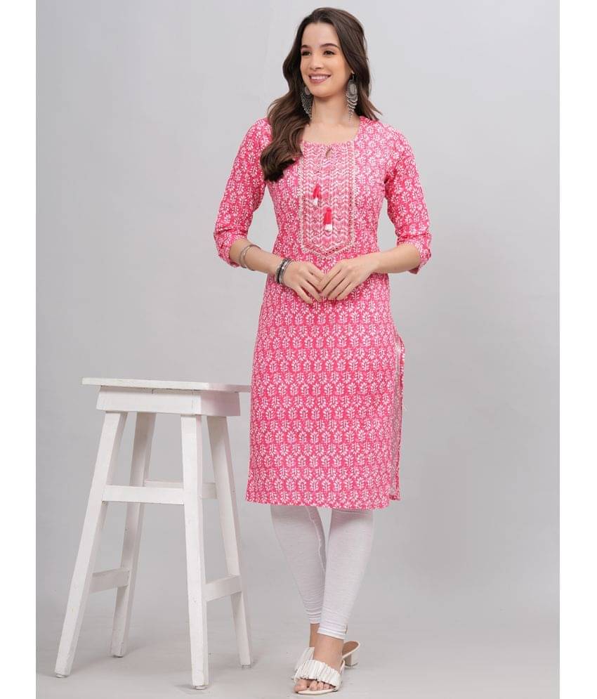 HIGHLIGHT FASHION EXPORT Cotton Printed Straight Women's Kurti - Pink ( Pack of 1 ) HIGHLIGHT FASHION EXPORT Cotton Printed Straight Women's Kurti - Pink ( Pack of 1 )