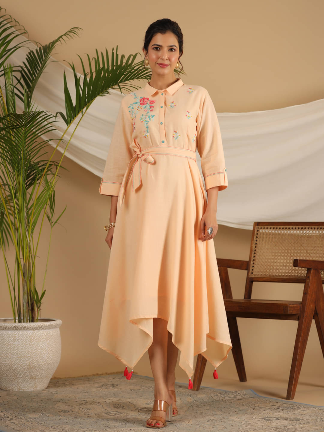Juniper Women Cotton Printed Asymmetric Dress ( Peach ) Juniper Women Cotton Printed Asymmetric Dress ( Peach )