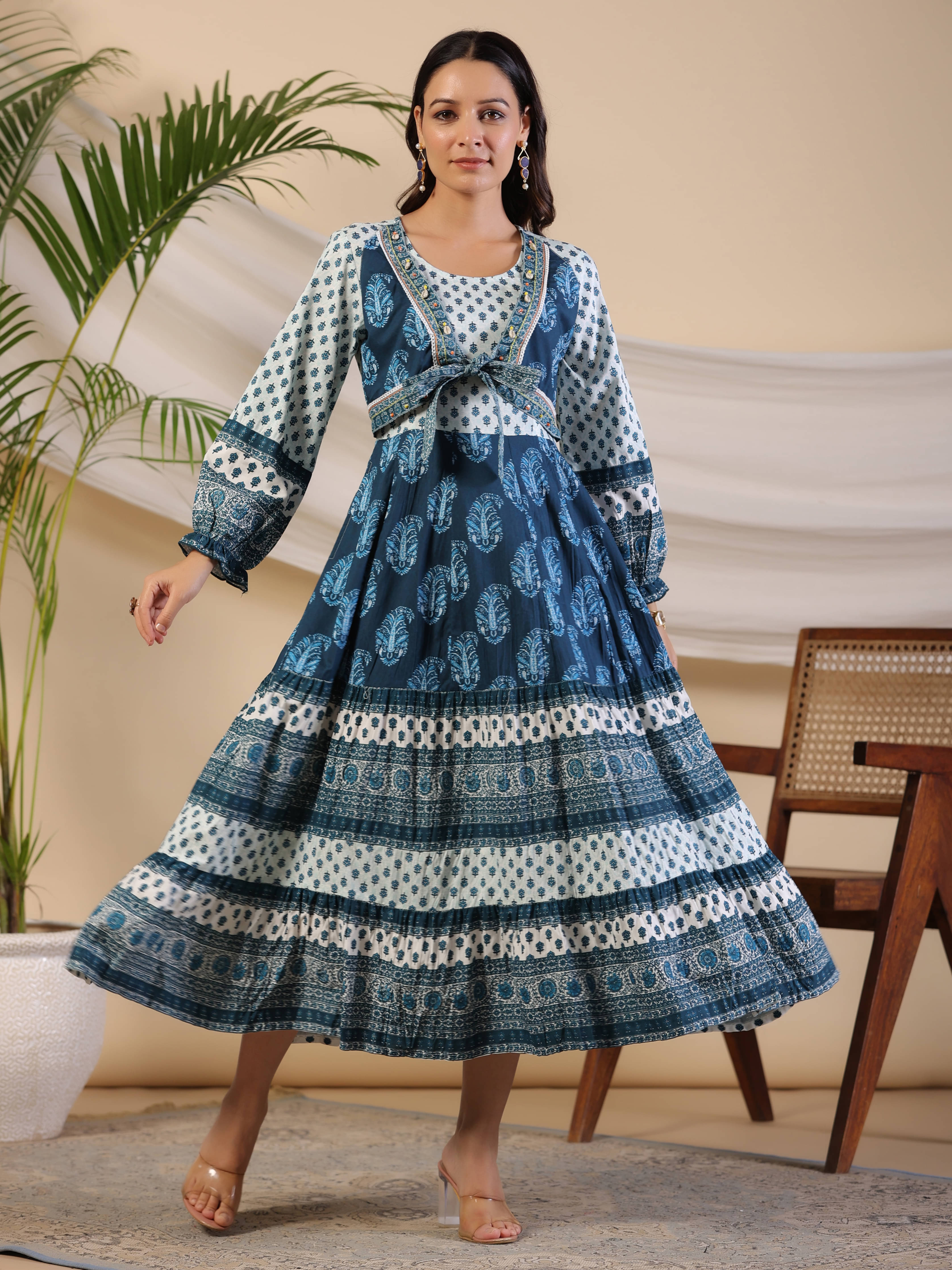     			Juniper Rayon Printed Midi Women's Fit & Flare Dress - Blue ( Pack of 1 )