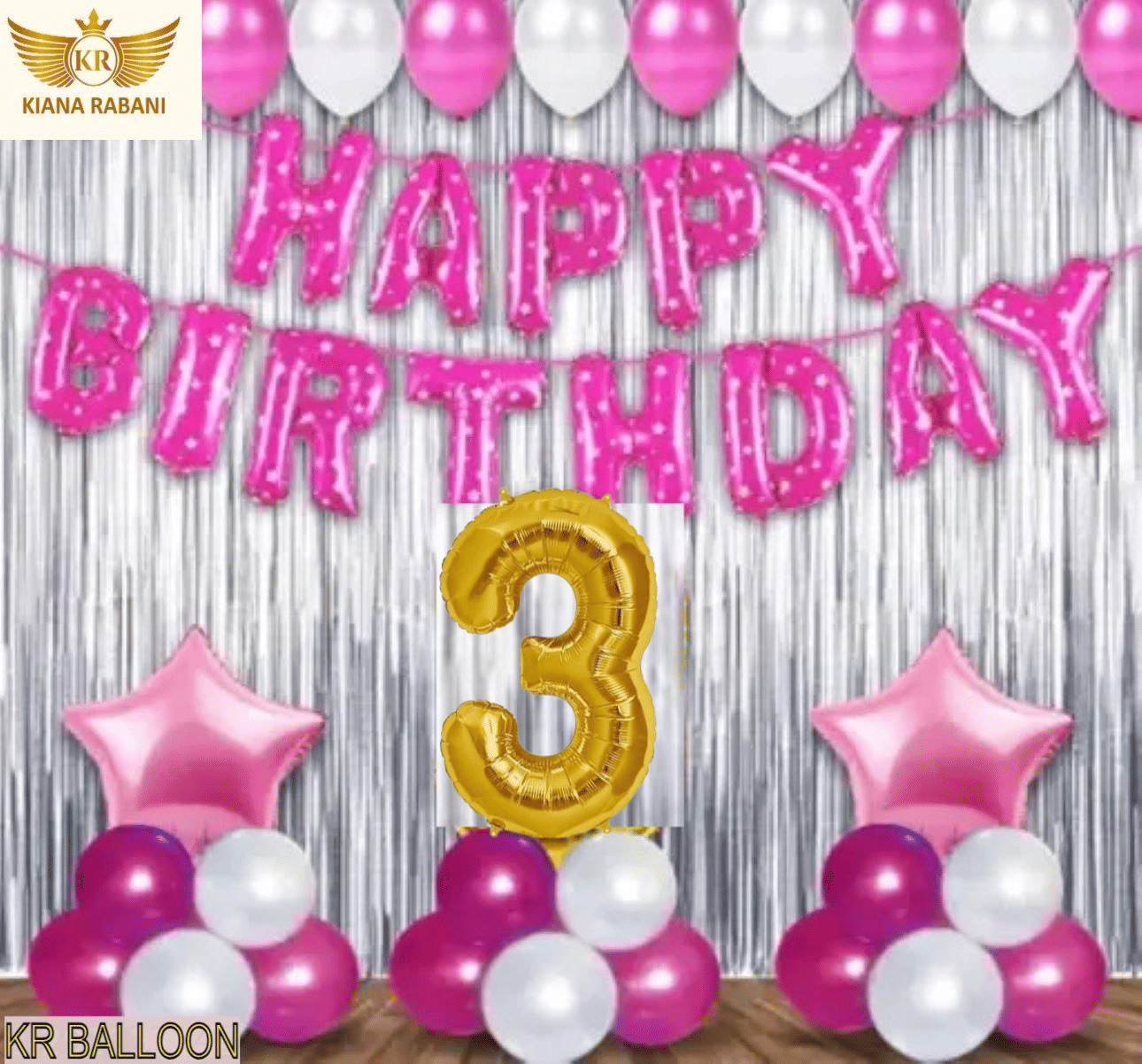     			KR 3RD / THIRD HAPPY BIRTHDAY ( GIRL ) PARTY DECORATION WITH HAPPY BIRTHDAY PINK FOIL BALLOON, 2 SILVER CURTAIN 2 PINK STAR 25 PINK 25 SILVER BALLOON  1 ARCH 1 RIBBON 3 NO. GOLD FOIL BALLOON