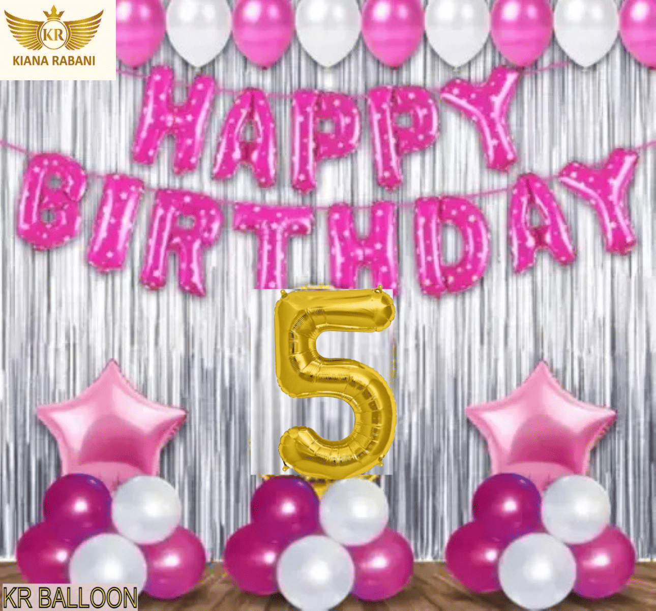     			KR 5TH /FIFTH HAPPY BIRTHDAY ( GIRL ) PARTY DECORATION WITH HAPPY BIRTHDAY PINK FOIL BALLOON, 2 SILVER CURTAIN 2 PINK STAR 25 PINK 25 SILVER BALLOON  1 ARCH 1 RIBBON 5 NO. GOLD FOIL BALLOON