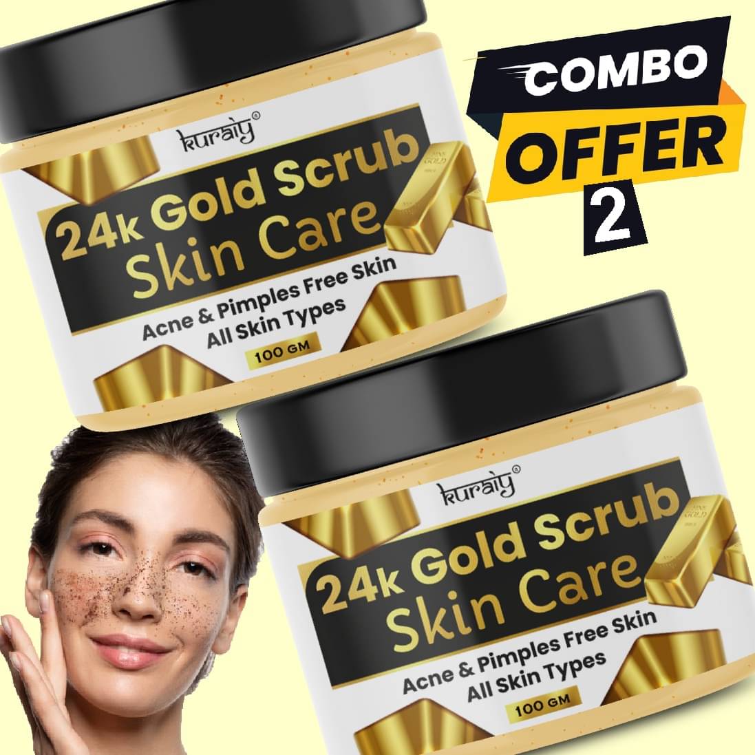 KURAIY 24k Gold Acne And Pimple Removal Face Scrub Suitable for All Skin Types 100g (Pack Of 2)     			KURAIY 24k Gold Acne And Pimple Removal Face Scrub Suitable for All Skin Types 100g (Pack Of 2)