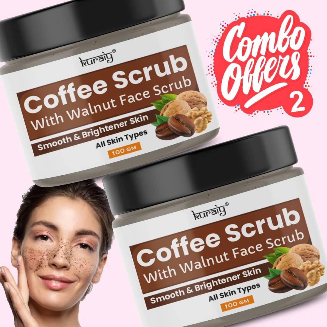 KURAIY Coffee Smooth And Brighter Skin Face Scrub for All Skin Types 100g (Pack Of 2)