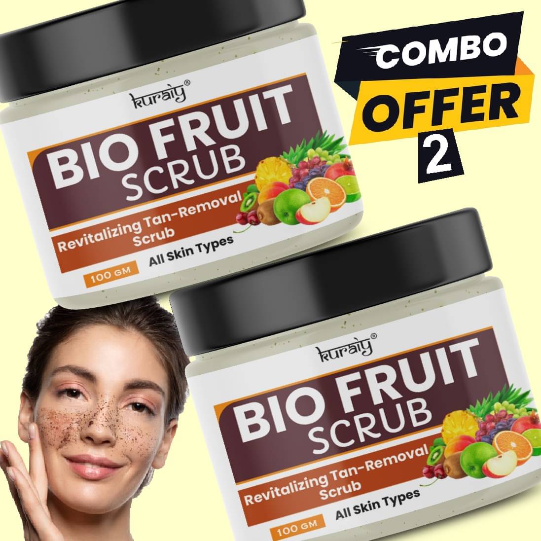 KURAIY Bio Fruit Revitalizing and Tan Removal Face Scrub for All Skin Types 100g (Pack Of 2)     			KURAIY Bio Fruit Revitalizing and Tan Removal Face Scrub for All Skin Types 100g (Pack Of 2)