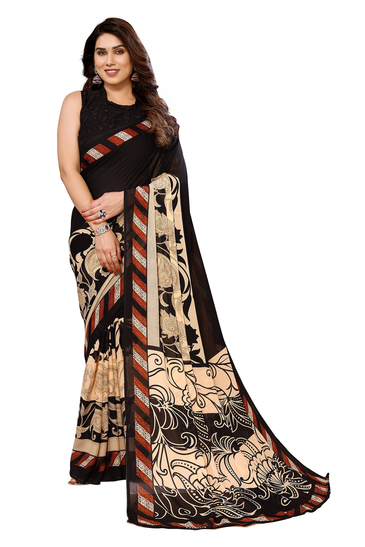 Kashvi Sarees Georgette Printed Saree With Unstitched Blouse Piece ( Black ) Kashvi Sarees Georgette Printed Saree With Unstitched Blouse Piece ( Black )