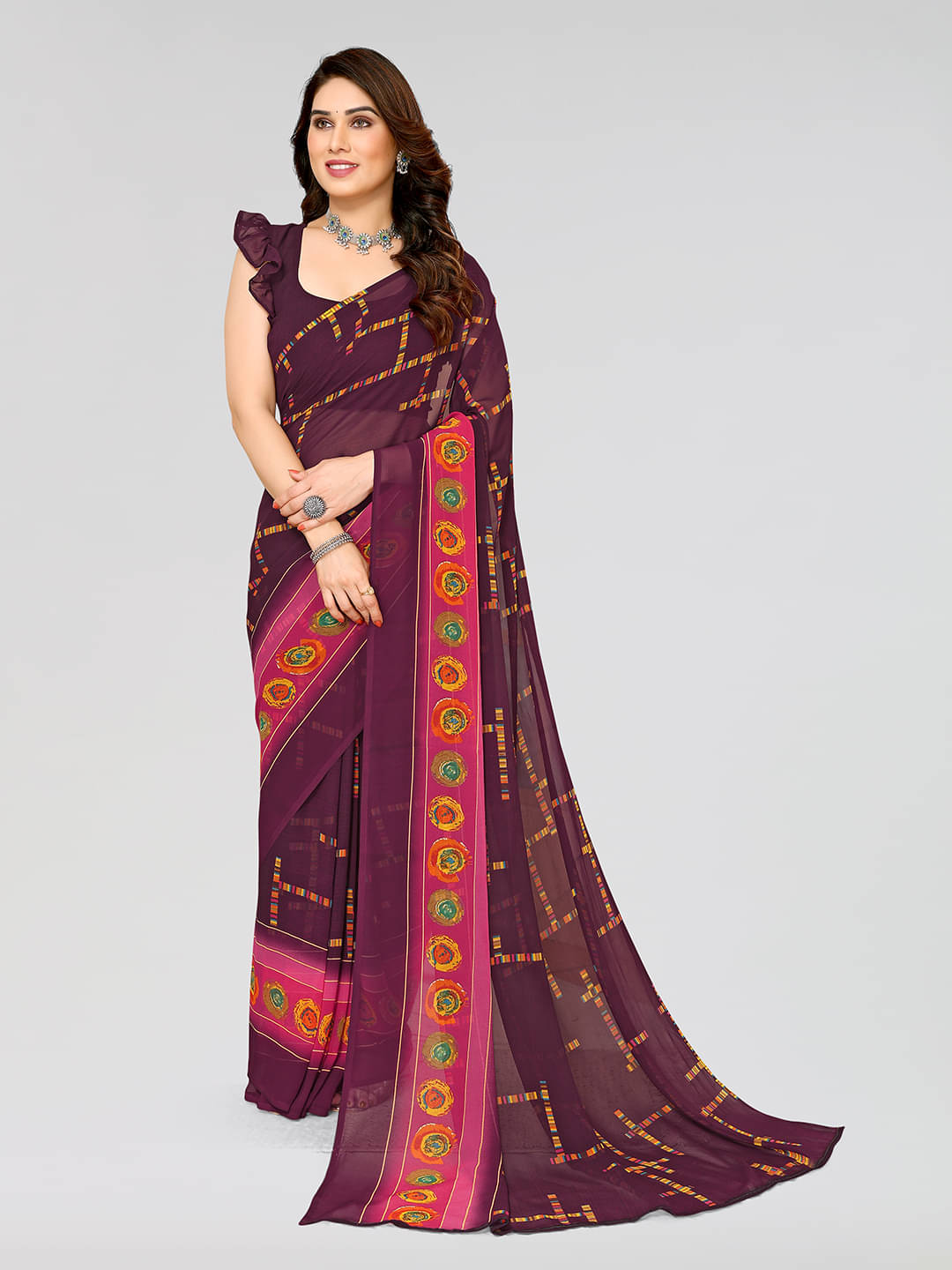 Kashvi Sarees Chiffon Printed Saree With Unstitched Blouse Piece ( Magenta ) Kashvi Sarees Chiffon Printed Saree With Unstitched Blouse Piece ( Magenta )