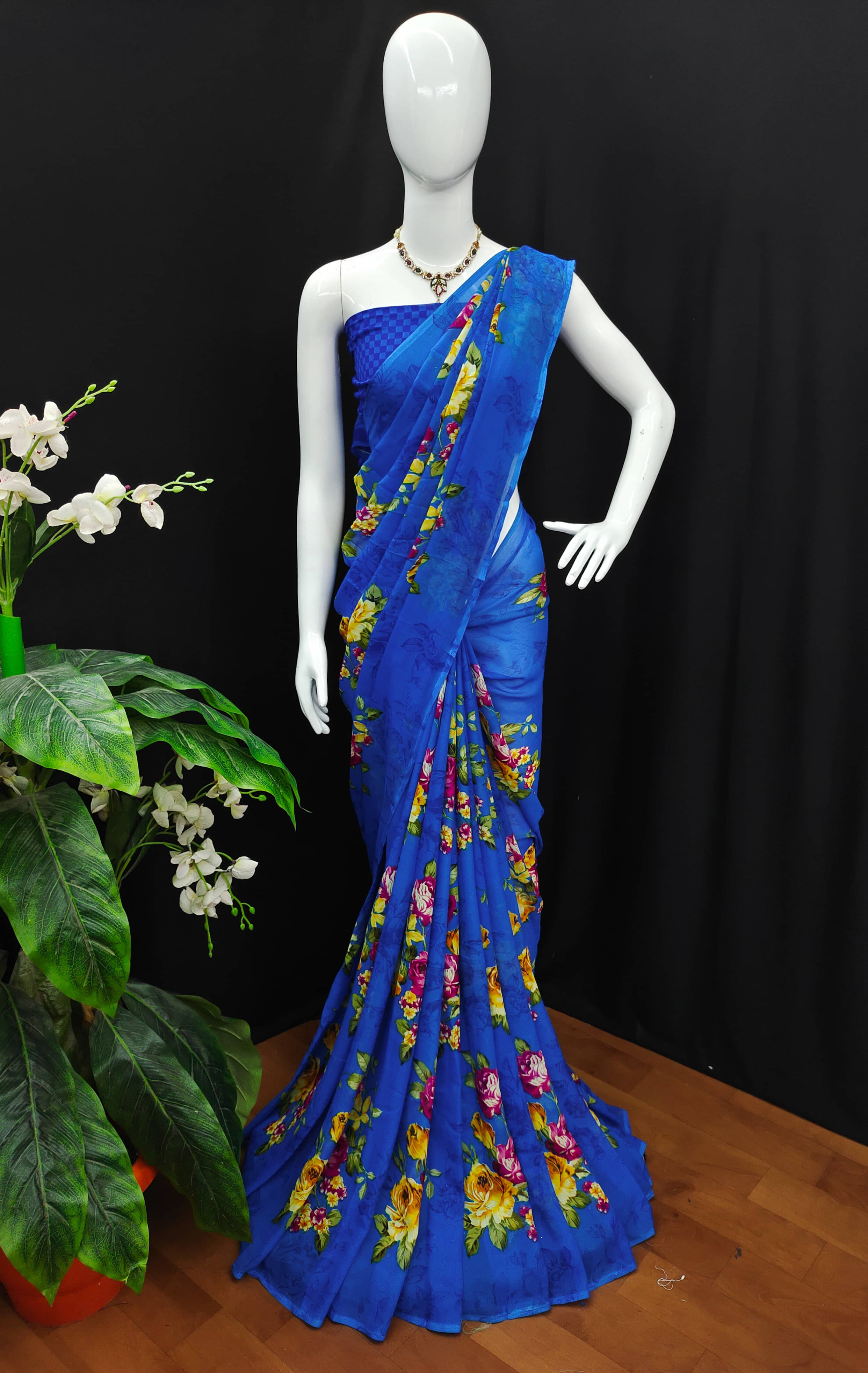     			Kashvi Sarees Georgette Printed Saree With Unstitched Blouse Piece ( Blue )