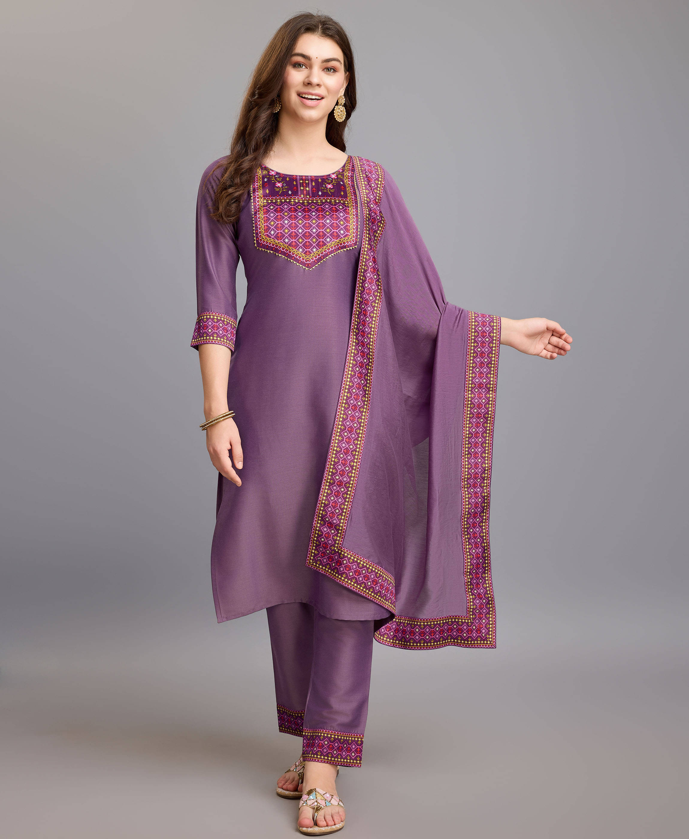     			MOJILAA Silk Printed Kurti With Pants Women's Stitched Salwar Suit - Mauve ( Pack of 1 )