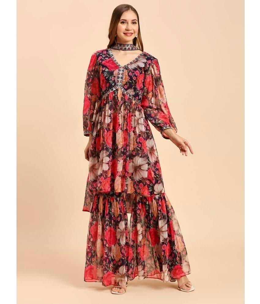 Madhuram Textiles Chiffon Printed Kurti With Sharara And Gharara Women's Stitched Salwar Suit - Multicolor ( Pack of 1 ) Madhuram Textiles Chiffon Printed Kurti With Sharara And Gharara Women's Stitched Salwar Suit - Multicolor ( Pack of 1 )