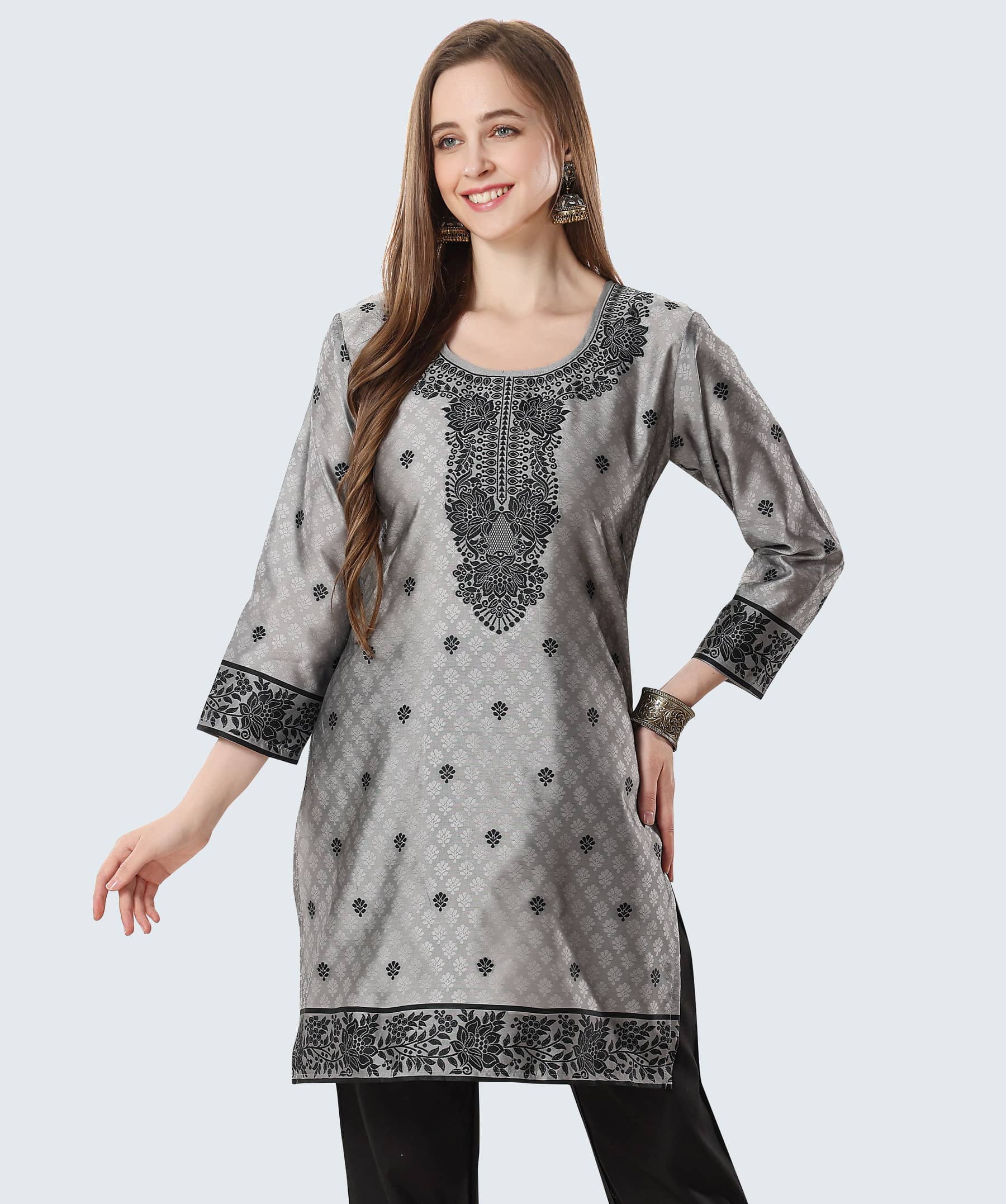 Meher Impex Art Silk Printed Straight Women's Kurti - Grey ( Pack of 1 ) - Kurtis, Tunics | Buy online on ZillyBuy