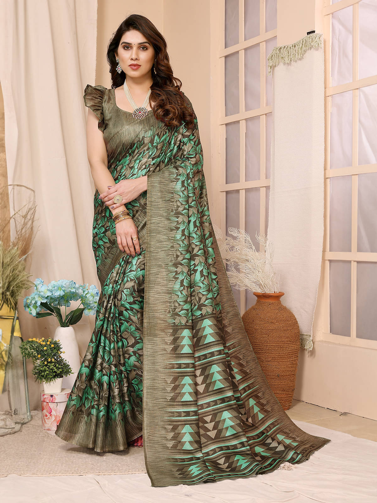 BLEESBURY Cotton Printed Saree With Unstitched Blouse Piece ( Olive ) BLEESBURY Cotton Printed Saree With Unstitched Blouse Piece ( Olive )