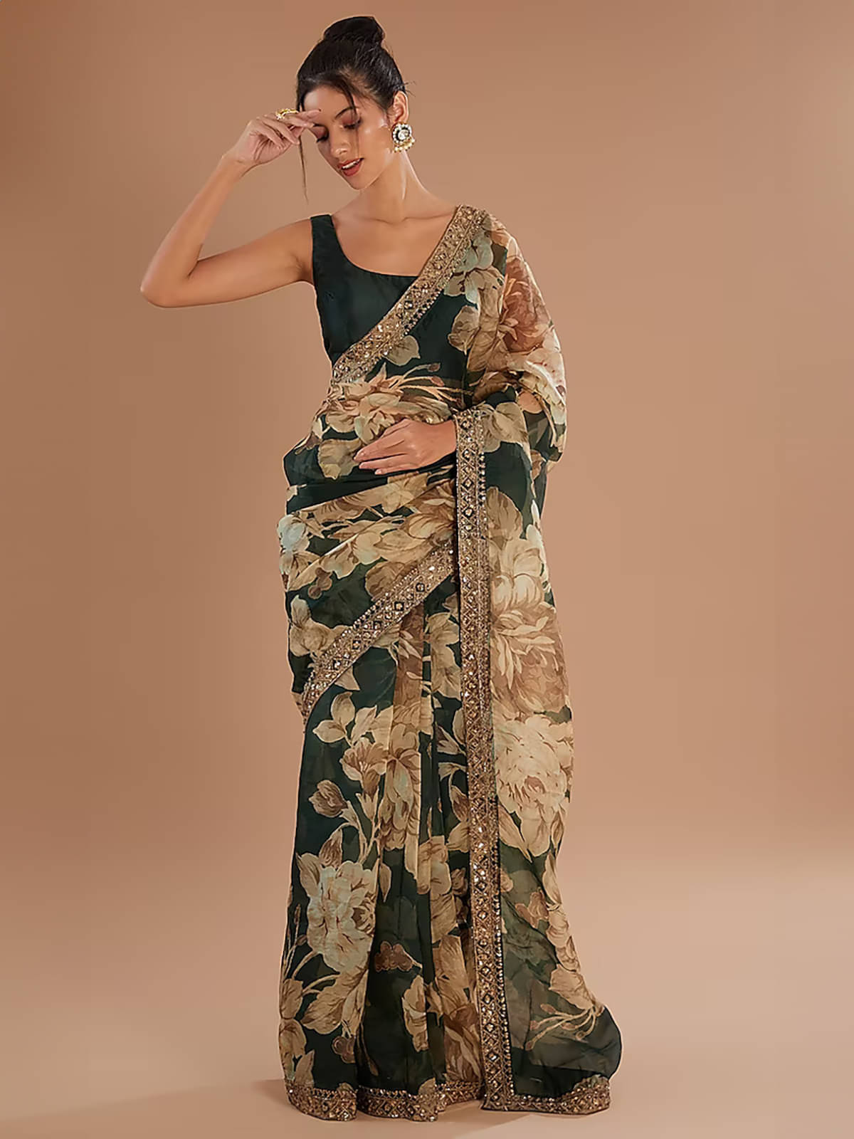     			BLEESBURY Organza Printed Saree With Unstitched Blouse Piece ( Green )