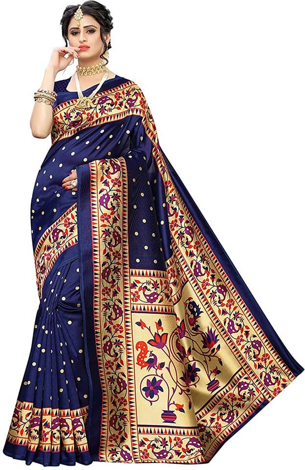 Saadhvi Art Silk Printed Saree With Unstitched Blouse Piece ( Blue ) - Sarees | Buy online on ZillyBuy