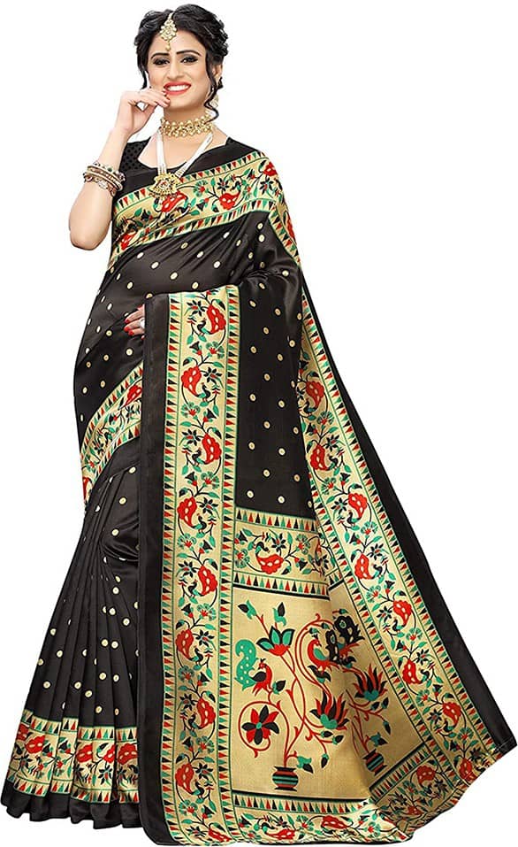 Saadhvi Art Silk Printed Saree With Unstitched Blouse Piece ( Black )