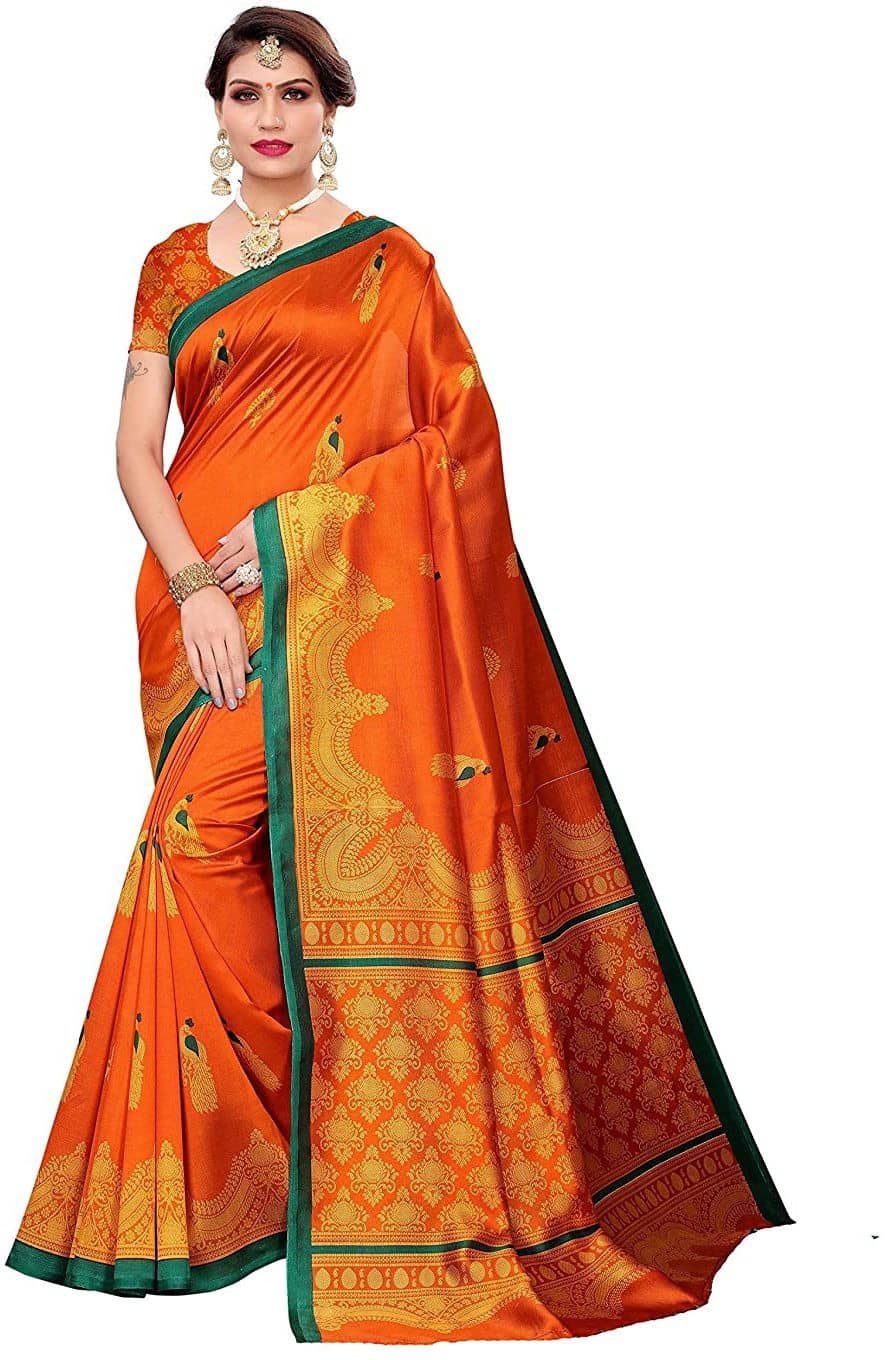 Saadhvi Art Silk Printed Saree With Unstitched Blouse Piece ( Orange ) - Sarees | Buy online on ZillyBuy
