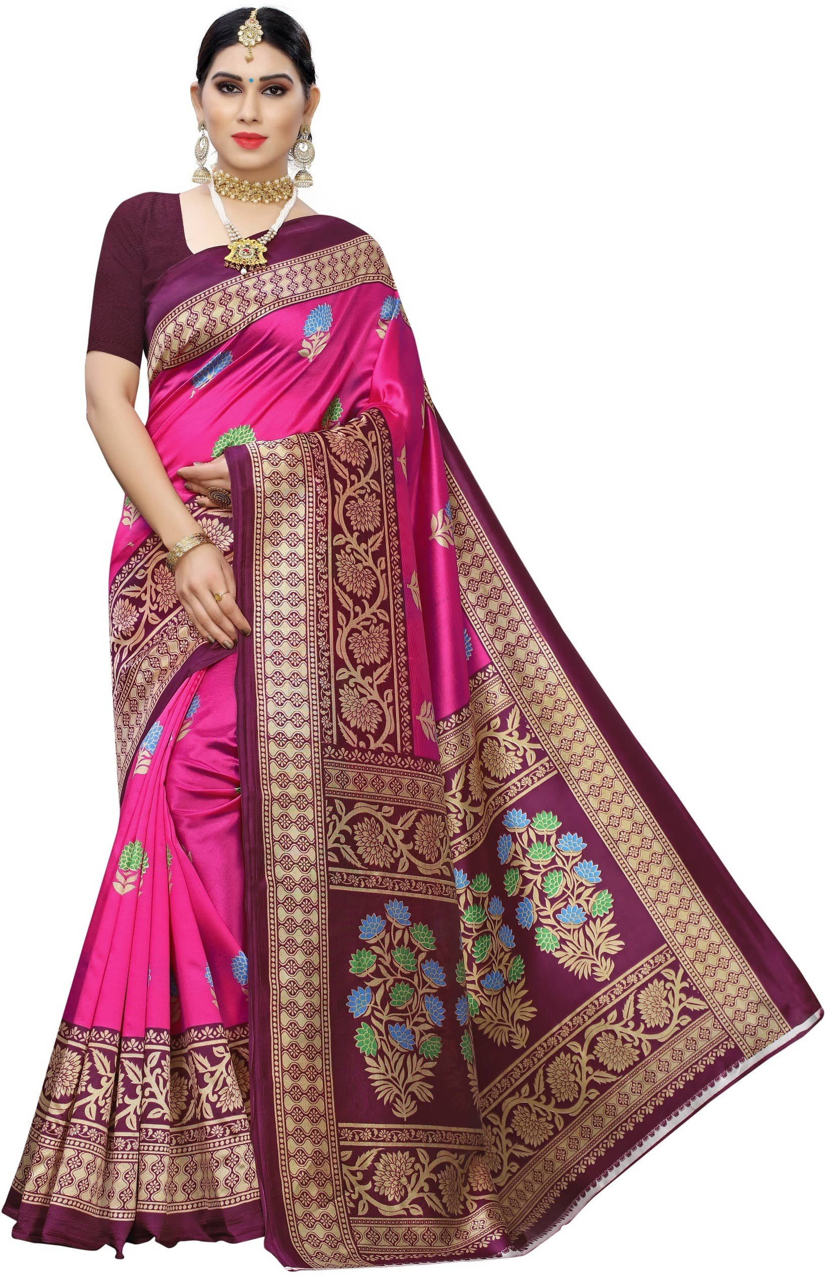 Saadhvi Art Silk Printed Saree With Unstitched Blouse Piece ( Pink ) - Sarees | Buy online on ZillyBuy