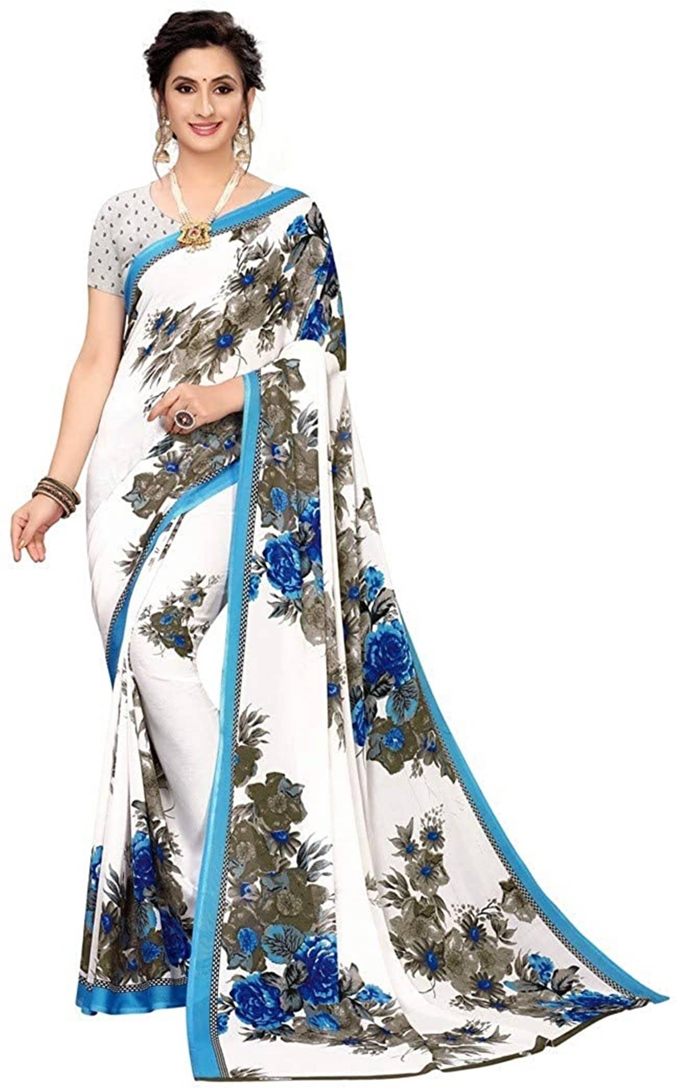 Saadhvi Cotton Silk Printed Saree With Unstitched Blouse Piece ( White ) - Sarees | Buy online on ZillyBuy
