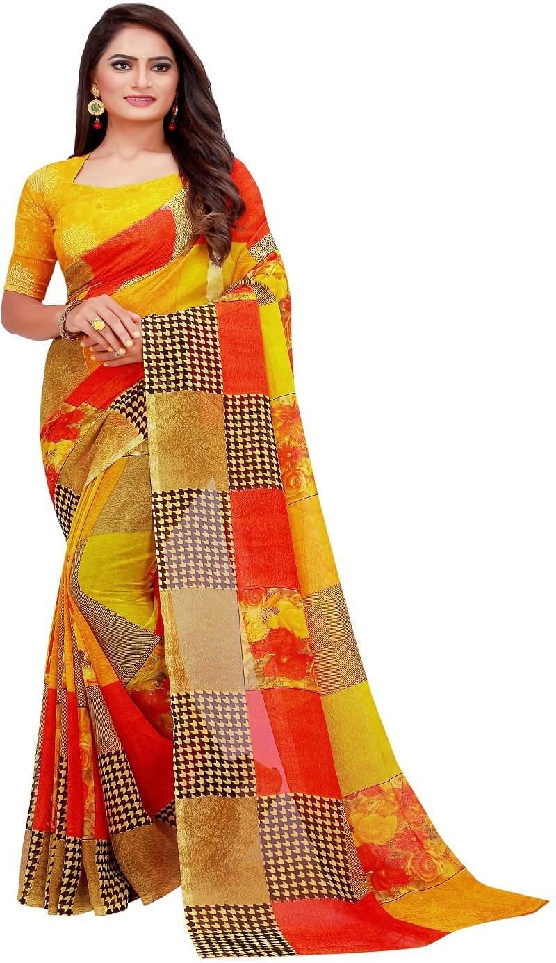 Saadhvi Georgette Printed Saree With Unstitched Blouse Piece ( Yellow ) Saadhvi Georgette Printed Saree With Unstitched Blouse Piece ( Yellow )