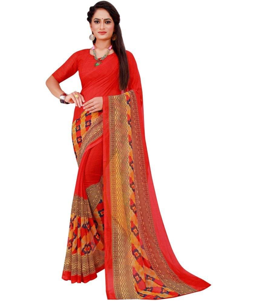     			Saadhvi Georgette Printed Saree With Unstitched Blouse Piece ( Red )