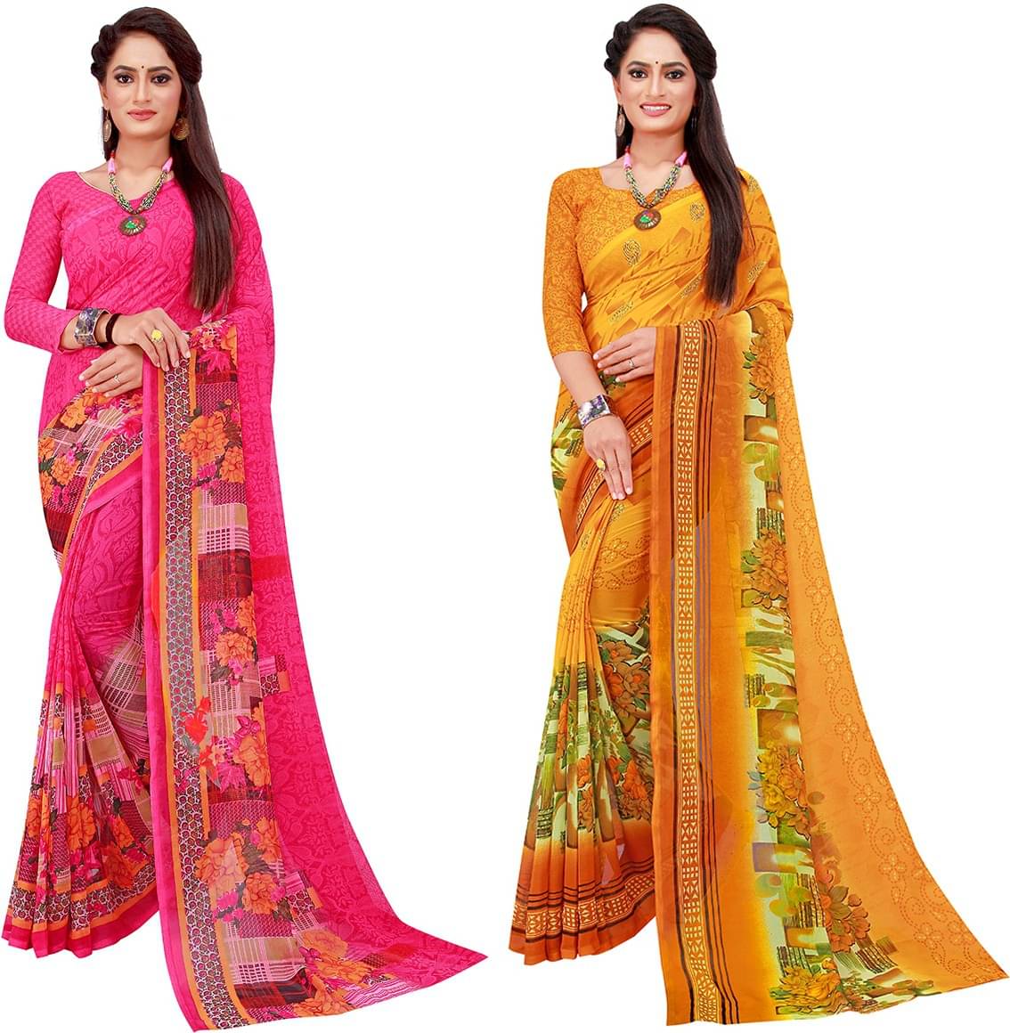 Saadhvi Georgette Printed Saree With Unstitched Blouse Piece ( Pink ) Saadhvi Georgette Printed Saree With Unstitched Blouse Piece ( Pink )
